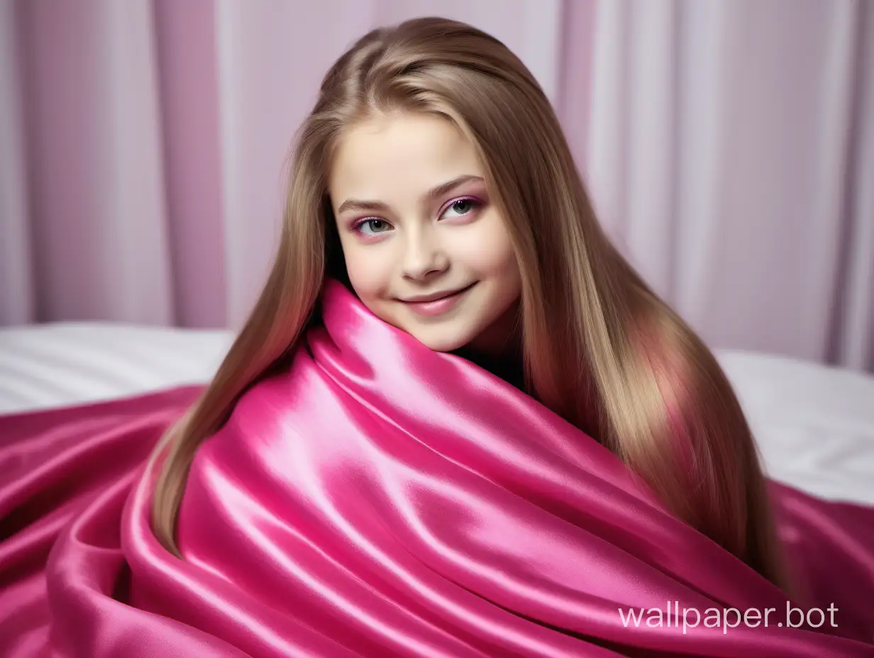 angelically smiling Yulia Lipnitskaya with long straight silky hair under luxury, gentle silk sweet pink fuchsia blanket