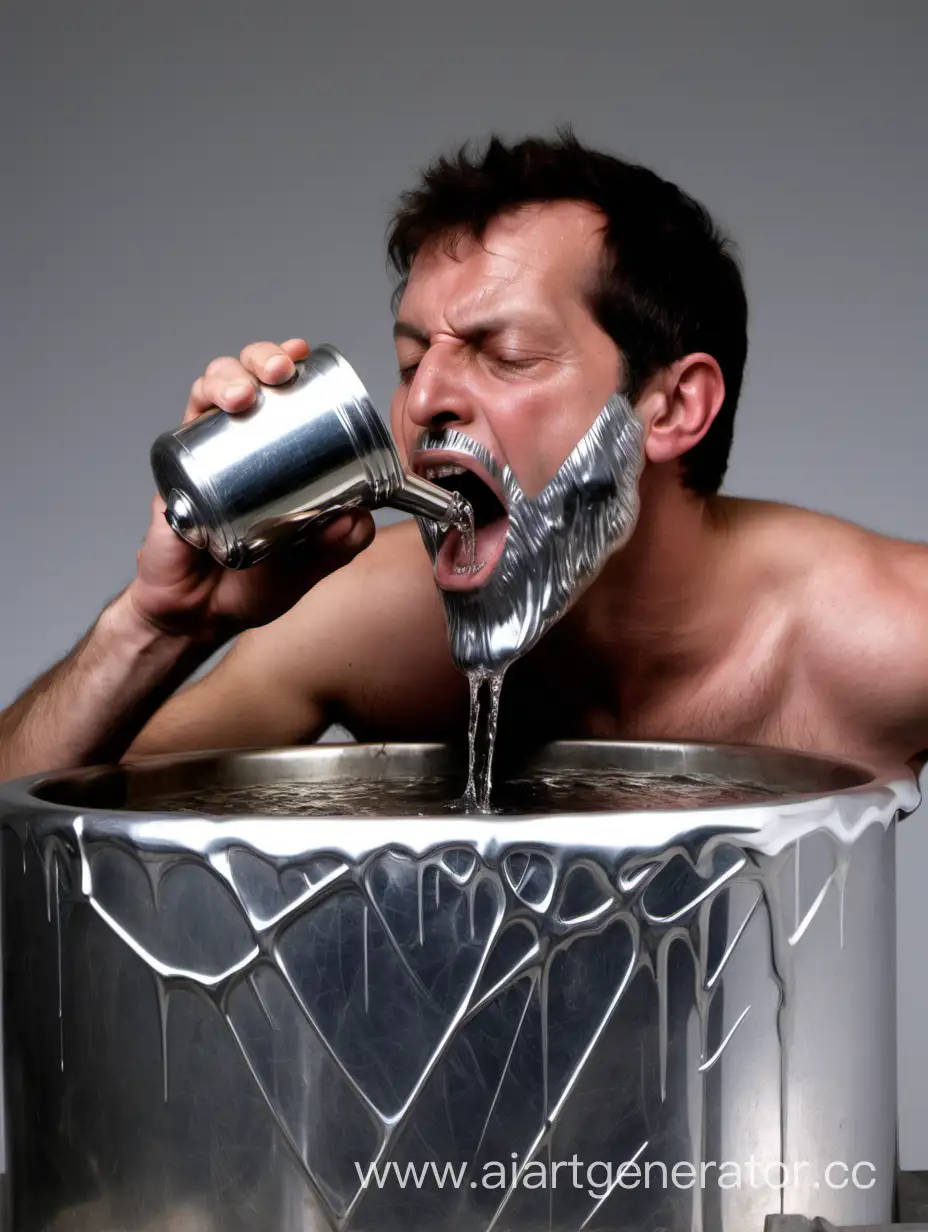 The man below, with his mouth open, drinks a stream of metallic mercury that pours from above.