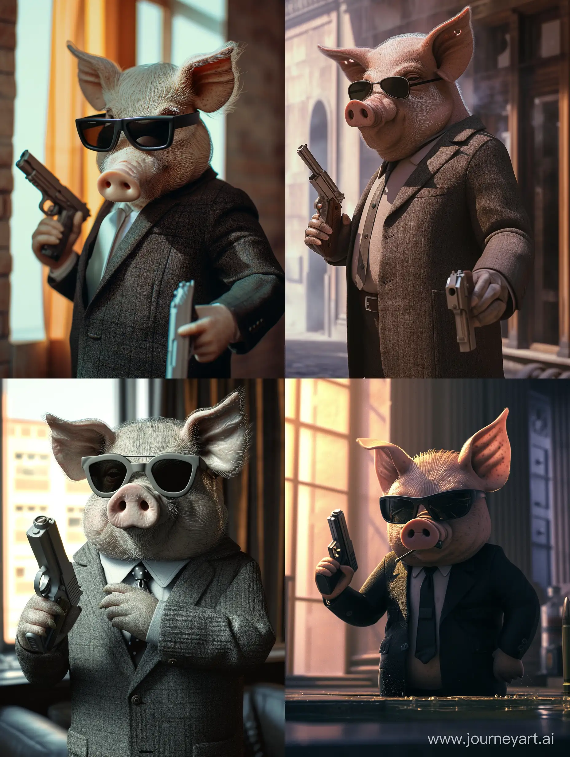 A pig in a suit, a spy, wearing sunglasses, holding a gun, in a real environment