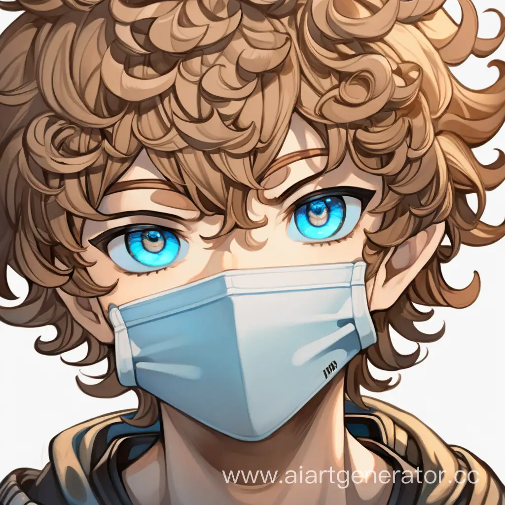Boy with mask on his mouth, anime style, blue eyes, curly light brown hair