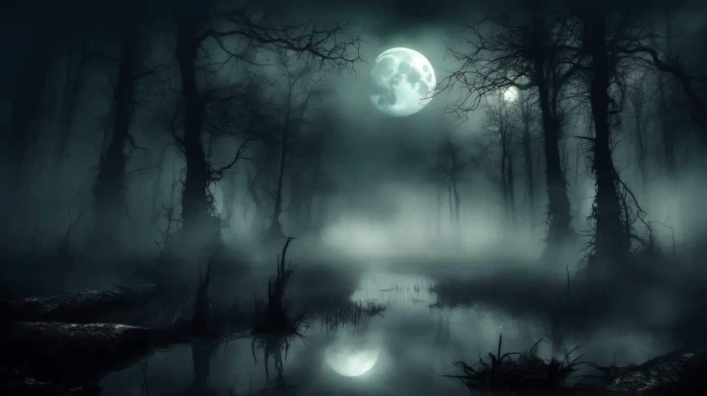 noc, dwa księżyce na niebie, mroczne bagnach, dookoła bardzo stary las, mgła i dym, atmosfera horroru