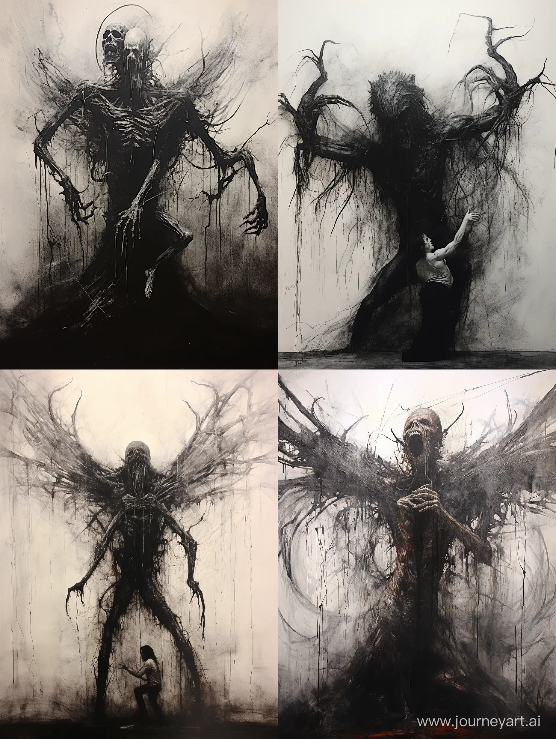 Dark oil on canvas artwork, Monstrous horrifying angel consuming a terrified man, chains and tentacles wrapping around it, dark arts, macabre, horrifying, terrifying, horror, terror, junji Ito and Stephen gammell and Stephen king