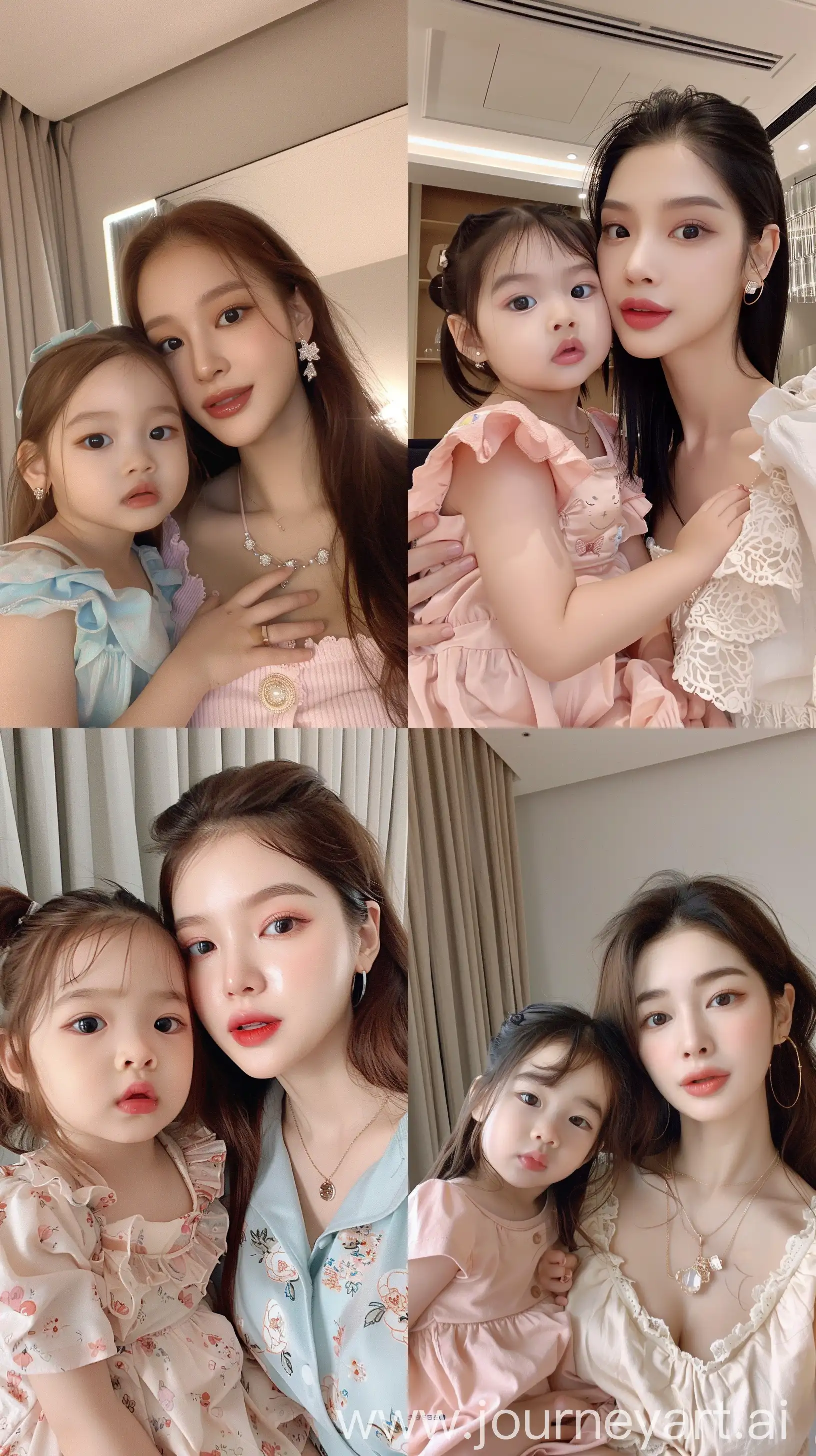 blackpink's jennie selfie with 2 years old  girl, facial feature look a like blackpink's jennie, aestethic selfie, wearing cute pastels outfit, night times, aestethic make up,hotly elegant young mom --ar 9:16 