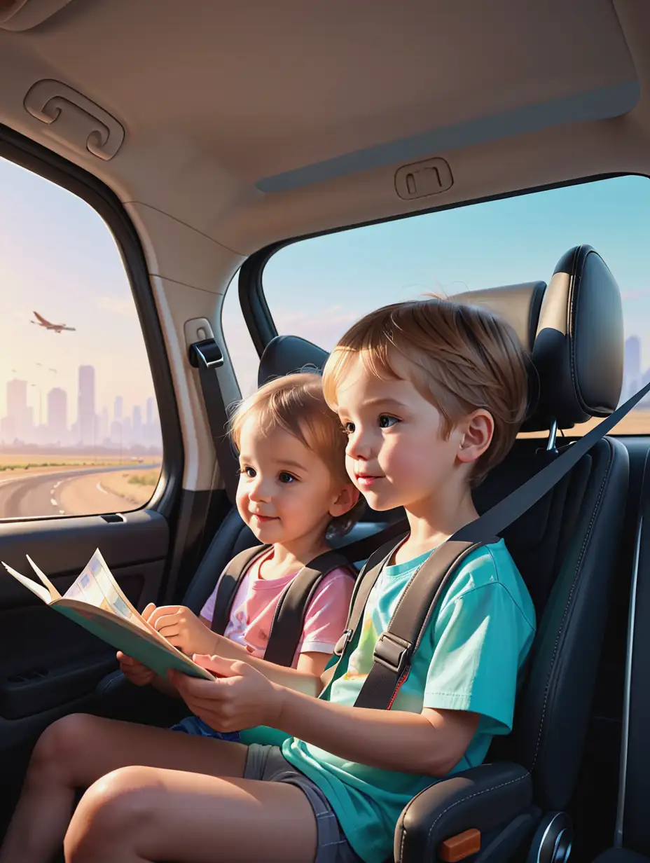 kids, roadtrip, car, playing, concept of kids being busy during travel, artstation