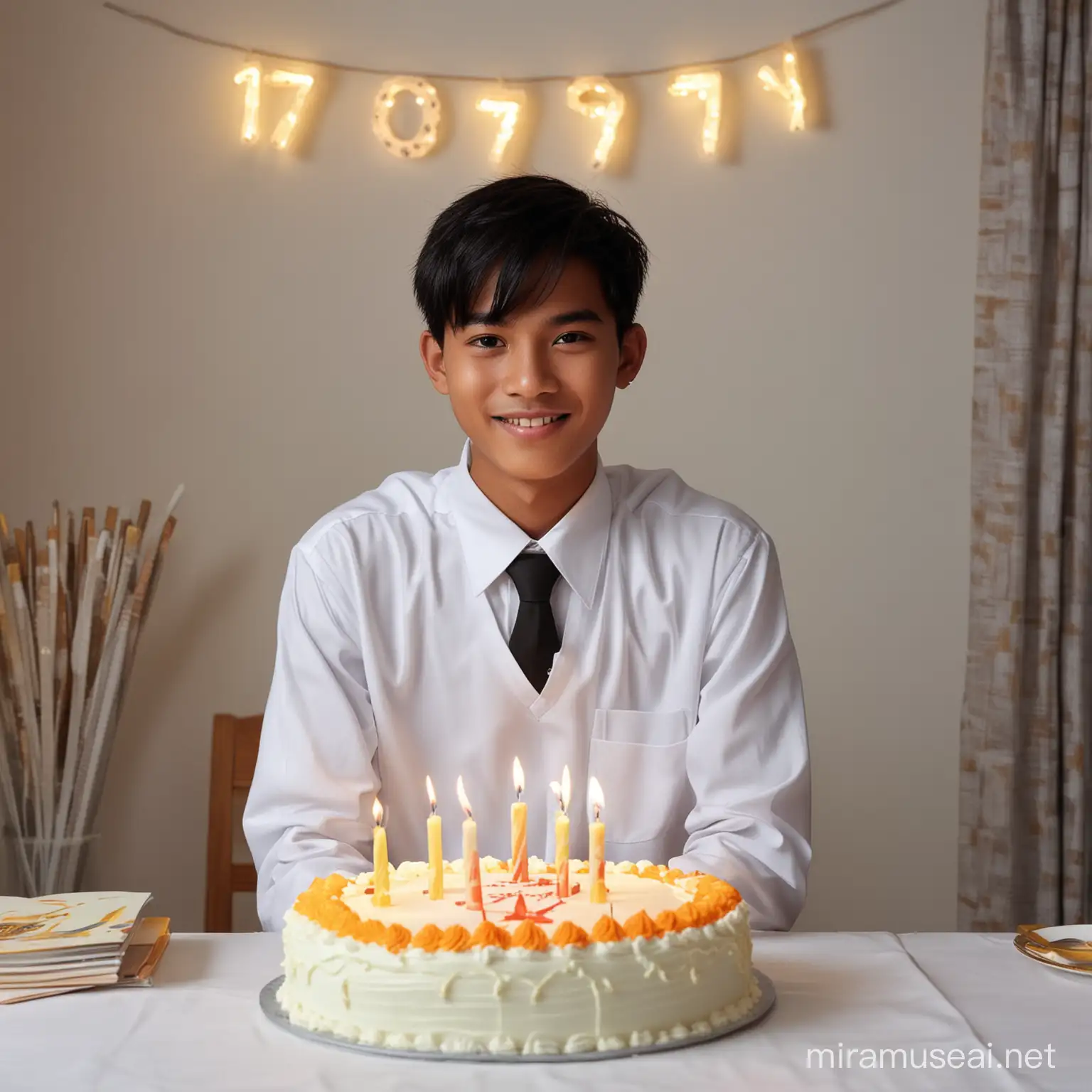 Seni fotografi, seorang laki-laki Indonesia usia 17 taun, berambut pendek lurus rapih, memakai seragam sekolah putih, sedang duduk di sebuah ruangan dengan dekorasi ulang tahun, di meja terdapat kue ulang tahun dengan lilin angka 17, ekspresi wajah ceria, cinematic, UHD 