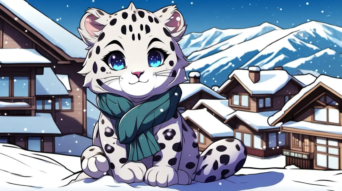 cute anime-style snow-leopard at ski resort