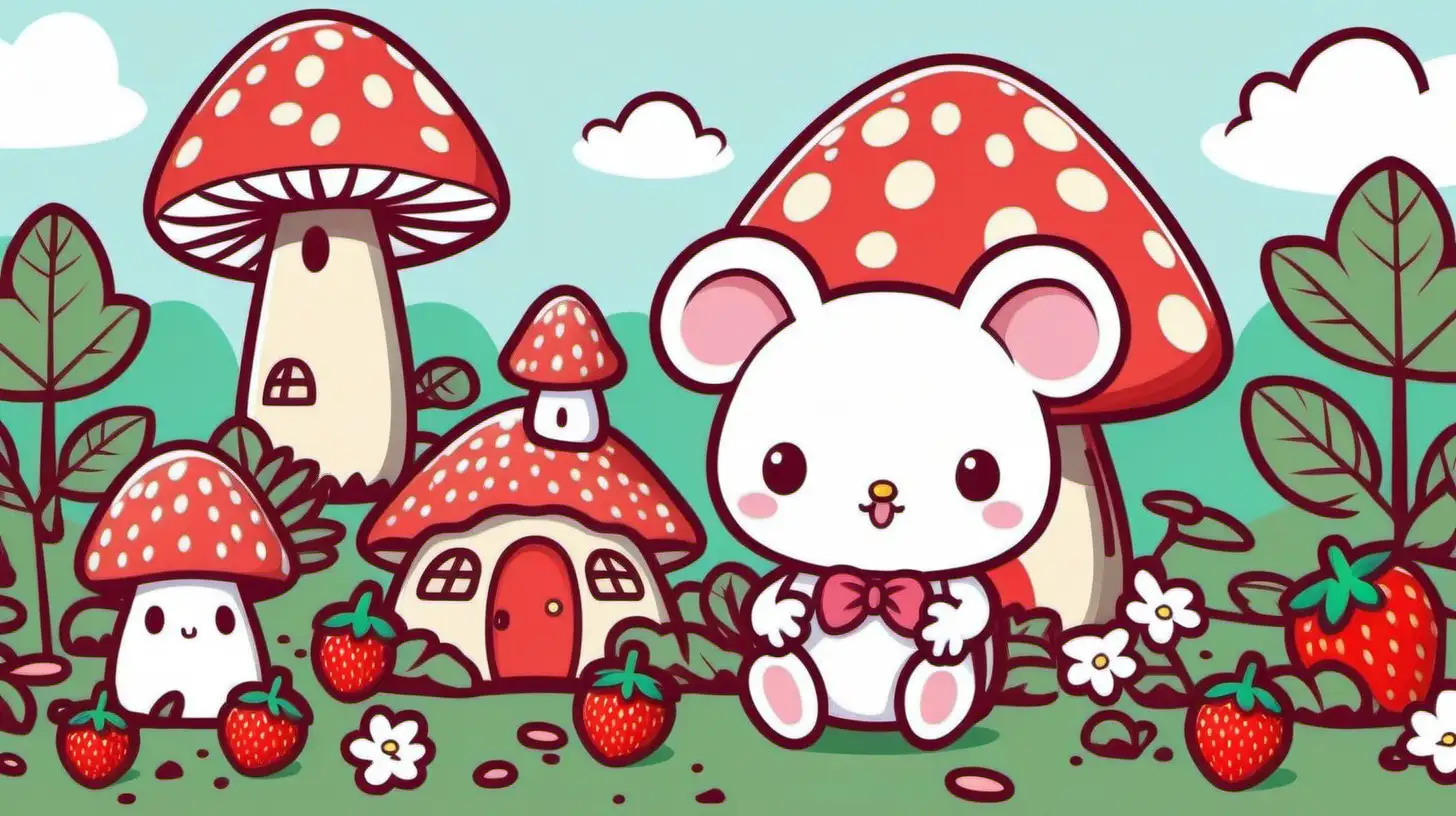 cute super sanrio style, cottagecore, vector illustration thick line, mushrooms, strawberries in the background and a mouse in the front, Desktop wallpaper.