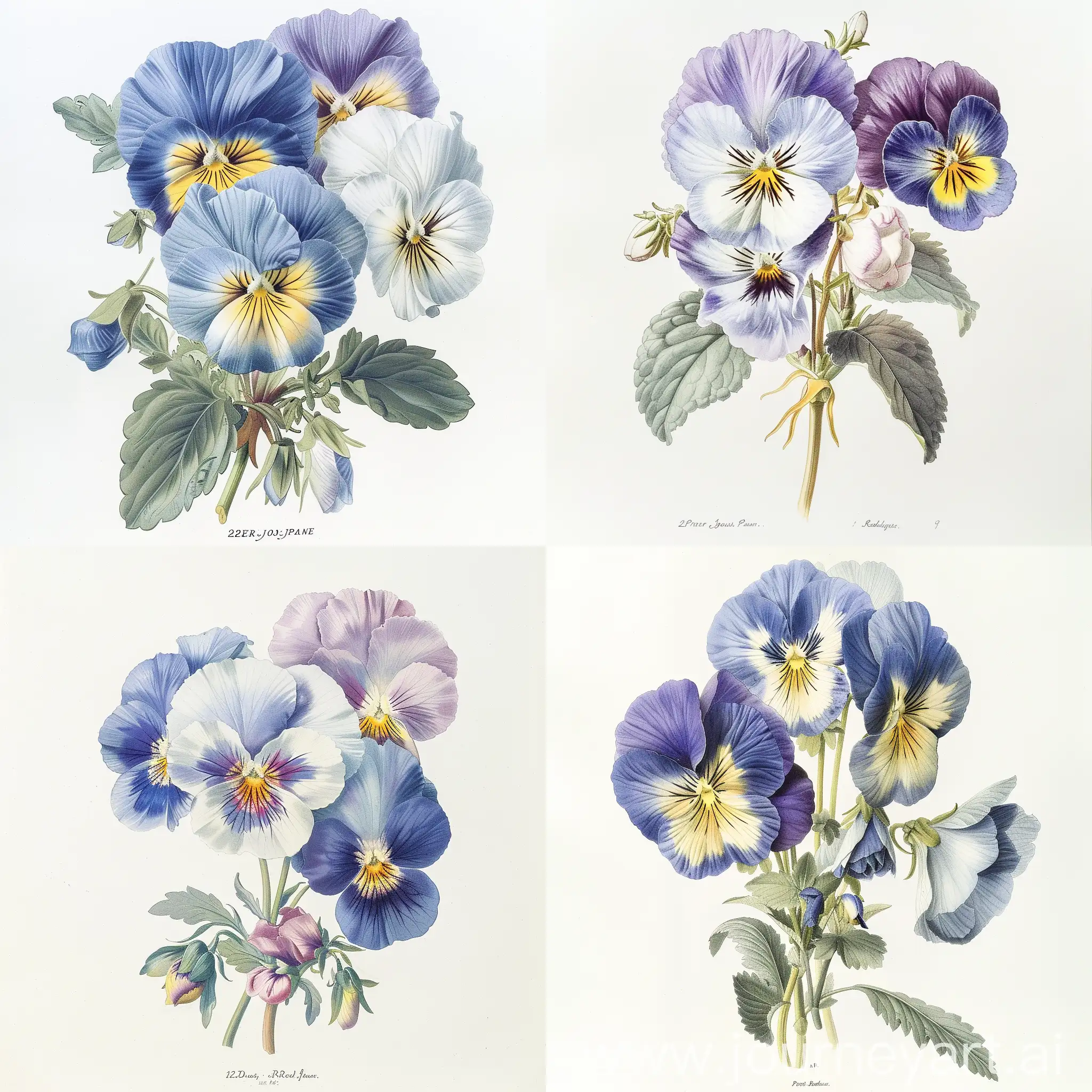 botanical illustration, pansy, beautiful petals, showing precise details stamens, sepals, multiple heads and buds, scientific name on the bottom, by Pierre Joseph Redoute, watercolor sketch, soft spring colors, white background, 19th century, naturalistic, accurate, hyper quality, high details, 12k ar 1:1