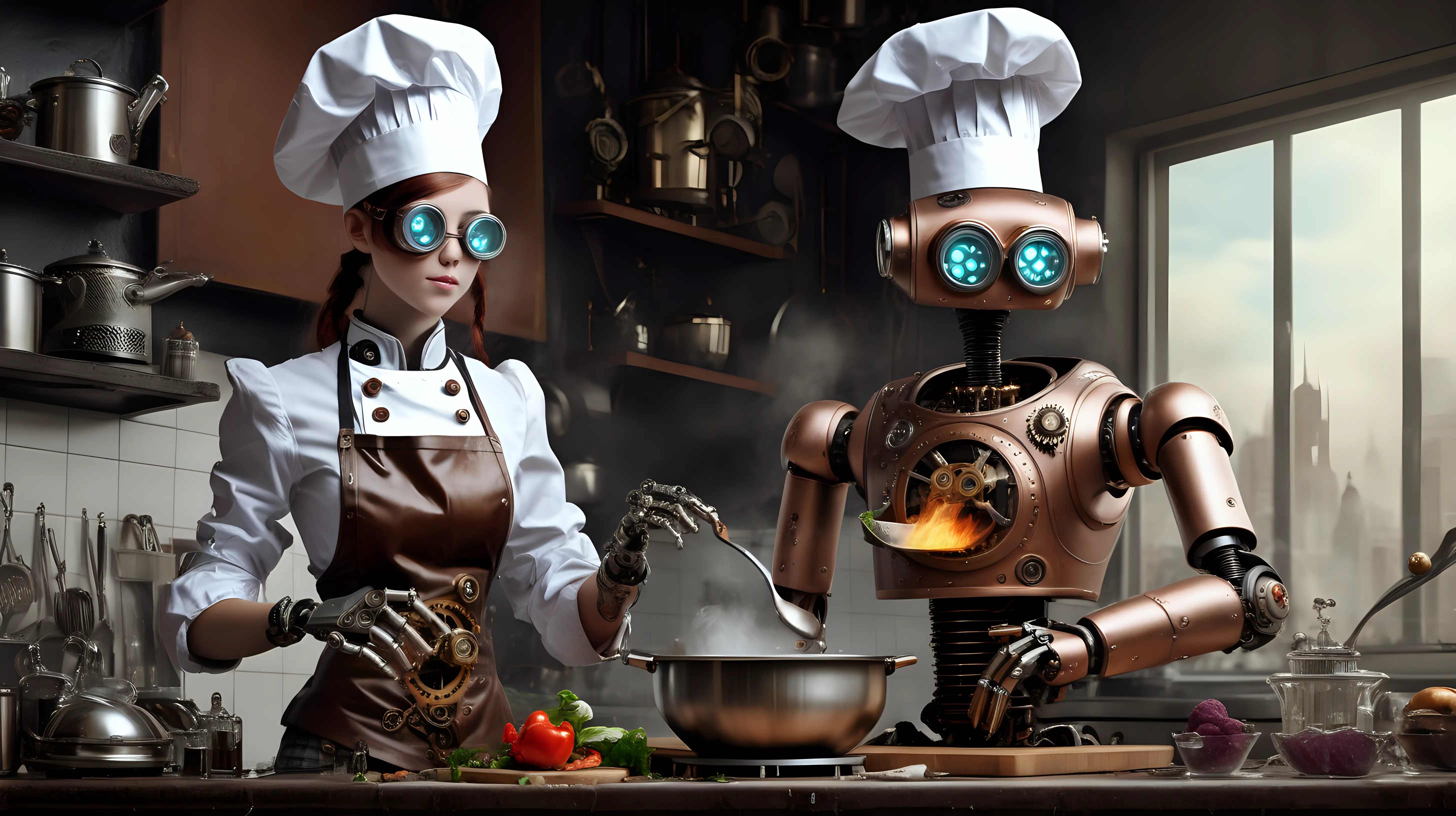 Steampunk robot, chef cooking, kitchen, girl