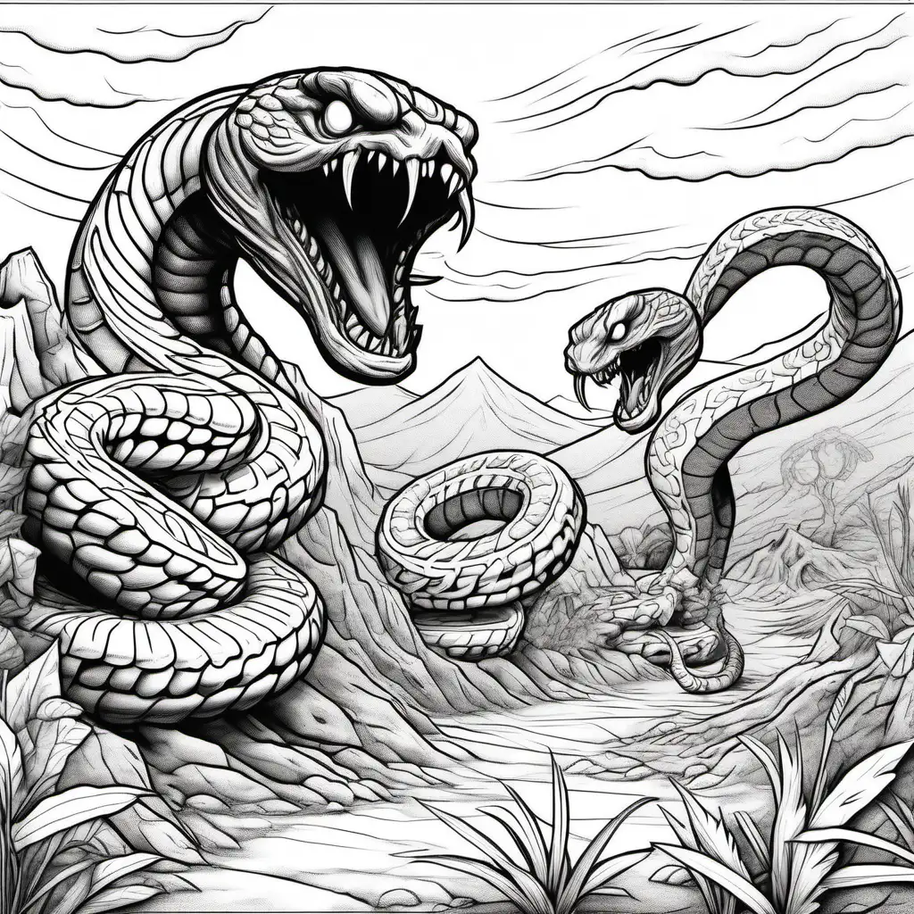 two giant monsters snakes, crawling on land, chasing humans, coloring pages