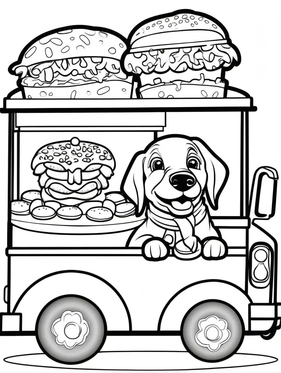 Create a coloring book page for children or adults. A simple doggy food truck with dog chef that features special corndogs. make sure the animal fits in the picture fully . make all images with more cartoon faces and smiling