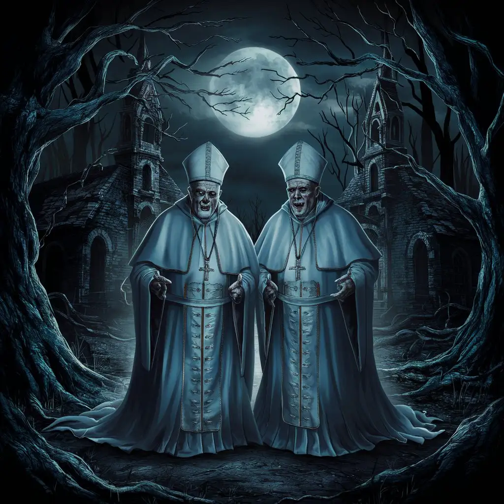 TWO EVIL POPES STANDING BY EACH OTHER . IN THE BACKGROUND HAVE THEM IN SOME SPOOKY WOODS WITH A OLD ABANDON CHURCH . ITS NIGHT TIME AND THE FUULL MOON CAST A OMINOUS LIGHT THROUGH THE TREES. MAKE IT DARK TONES

