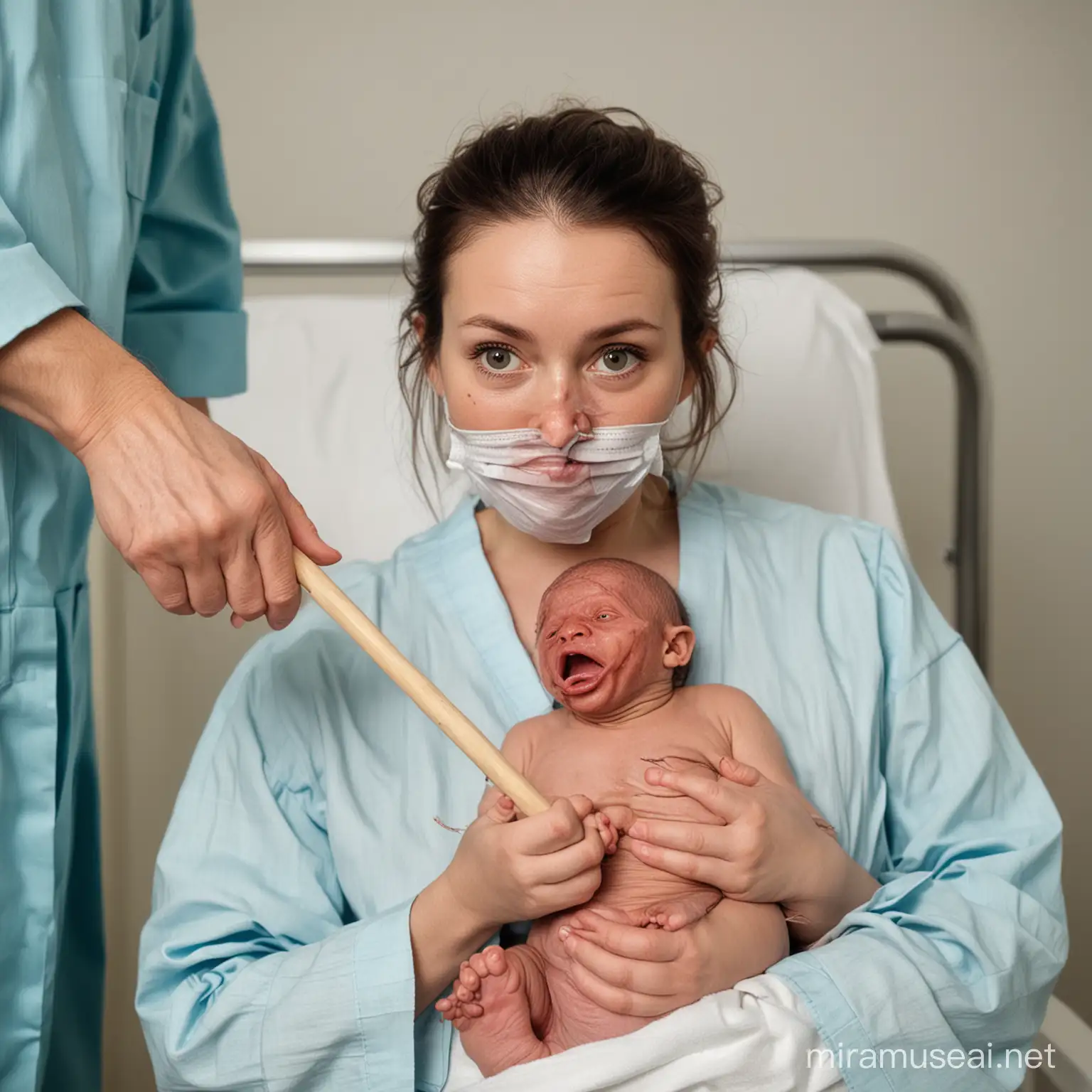 Na porodówce lekarz z założoną maseczką dotyka patykiem brzydkiego zdeformowanego noworodka. Noworodek z wyglądu przypomina rzadką srakę. 