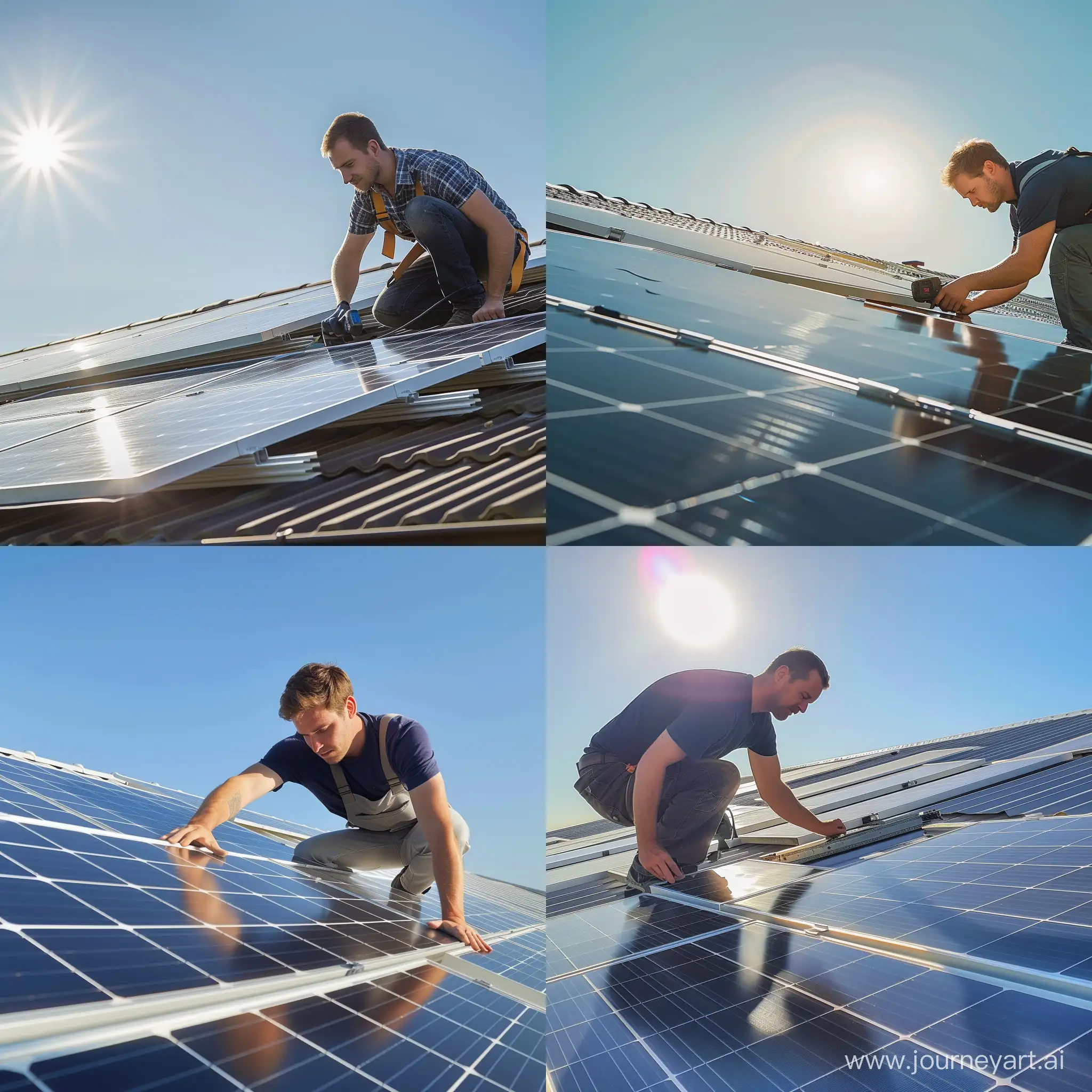 Un uomo caucasico di 40 anni che installa un pannello fotovoltaico sul tetto di una casa. Ambientazione luminosa con il sole che si specchia sui pannelli. Il cielo è di un blu intenso