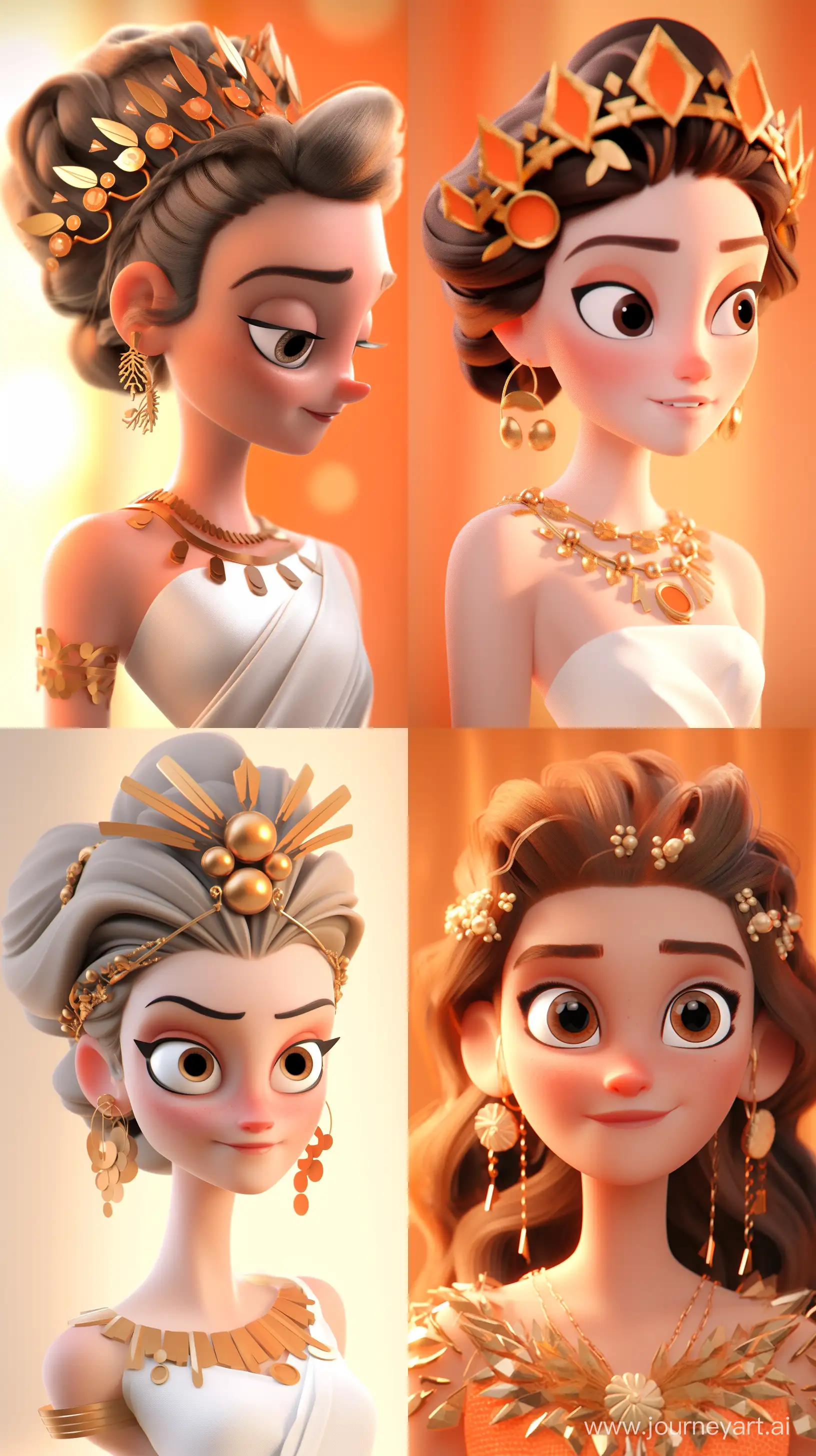 portrait of a greek goddess, making jewelry, in the style of white and black and gold and orange, 3D animation, pixar style --niji --ar 9:16