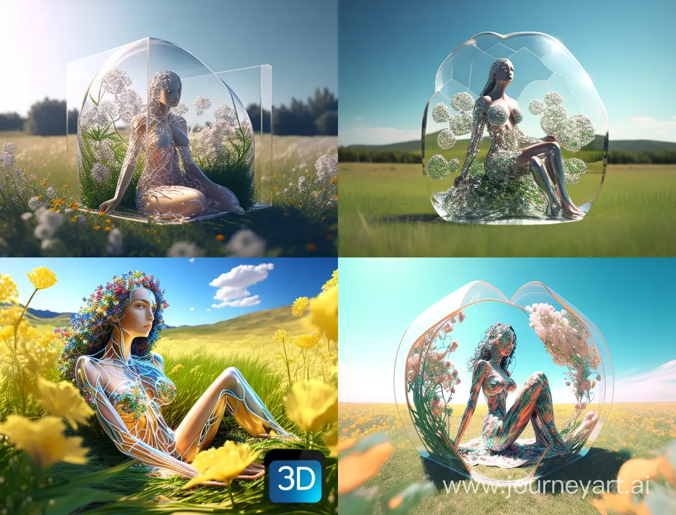 A beautiful woman sitting in the grass with tranparent glass body,3d render, 4k Flowers in the body. foto wide angle