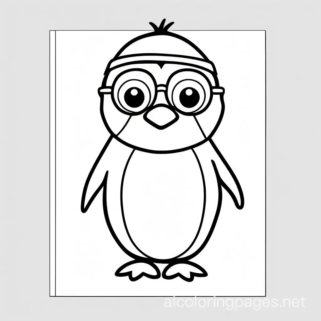 penguin wearing glasses, Coloring Page, black and white, line art, white background, Simplicity, Ample White Space. The background of the coloring page is plain white to make it easy for young children to color within the lines. The outlines of all the subjects are easy to distinguish, making it simple for kids to color without too much difficulty