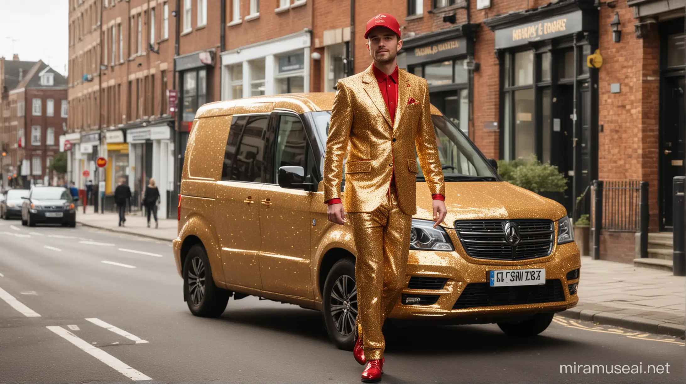 Show me a realistic image of a food delivery driver wearing an over the top gold and red sequin suit driving across Manchester