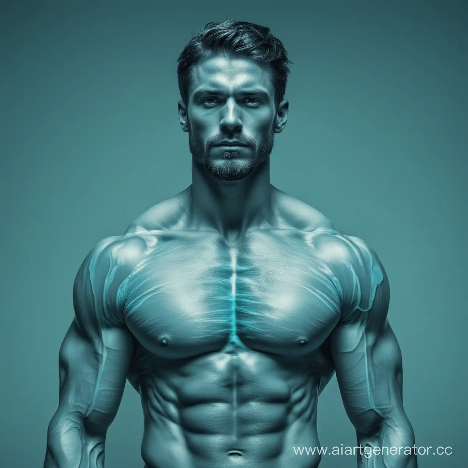 человек со строением мышц, анатомия в синих и голубых тонах