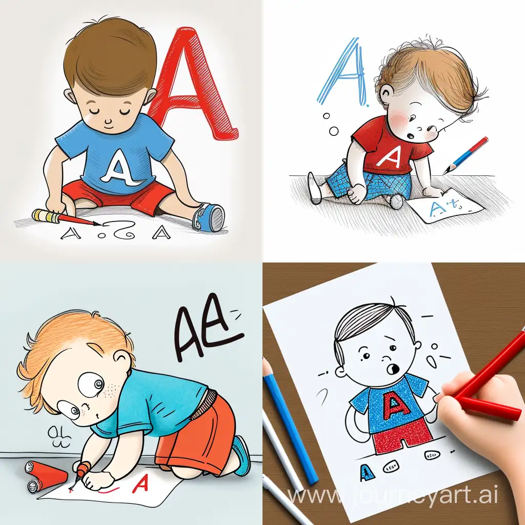 draw a cartoon drawn toddler dressed in blue shorts and a red t-shirt lying on his stomach tracing an uppercase dotted letter "A" with a black pencil on a white paper
