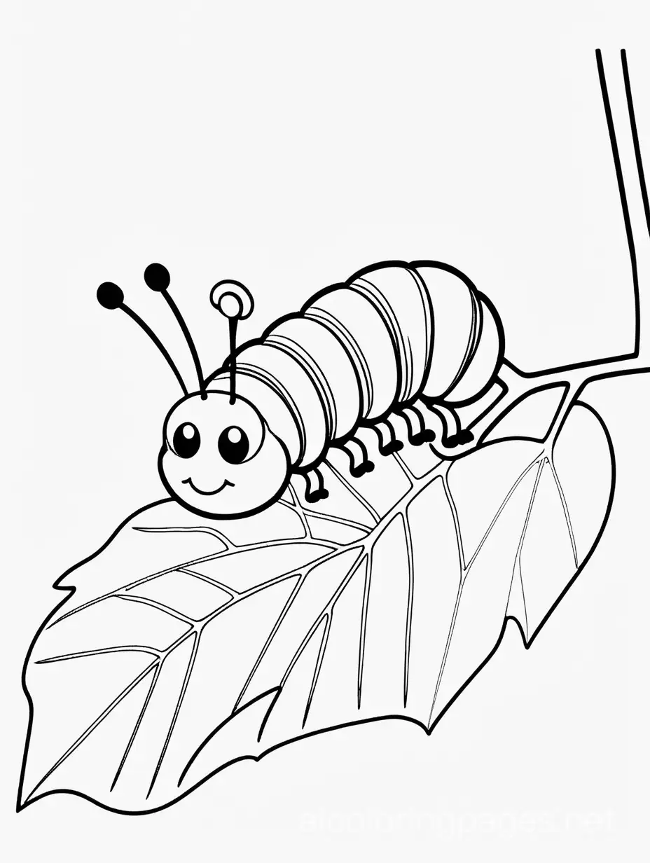 A small caterpillar eating a leaf, Coloring Page, black and white, line art, white background, Simplicity, Ample White Space. The background of the coloring page is plain white to make it easy for young children to color within the lines. The outlines of all the subjects are easy to distinguish, making it simple for kids to color without too much difficulty
