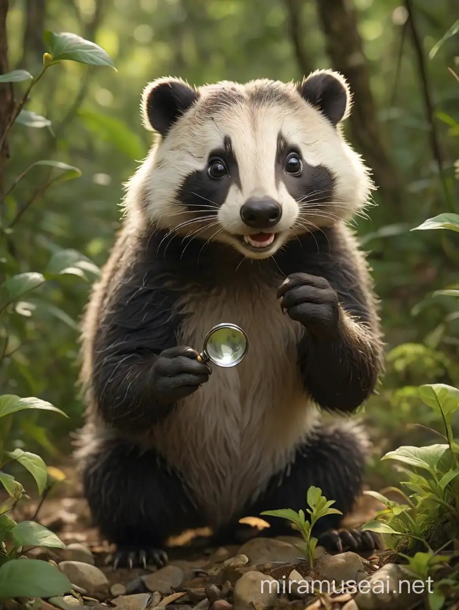 Curious Badger Investigating with Magnifying Glass in Natural Habitat