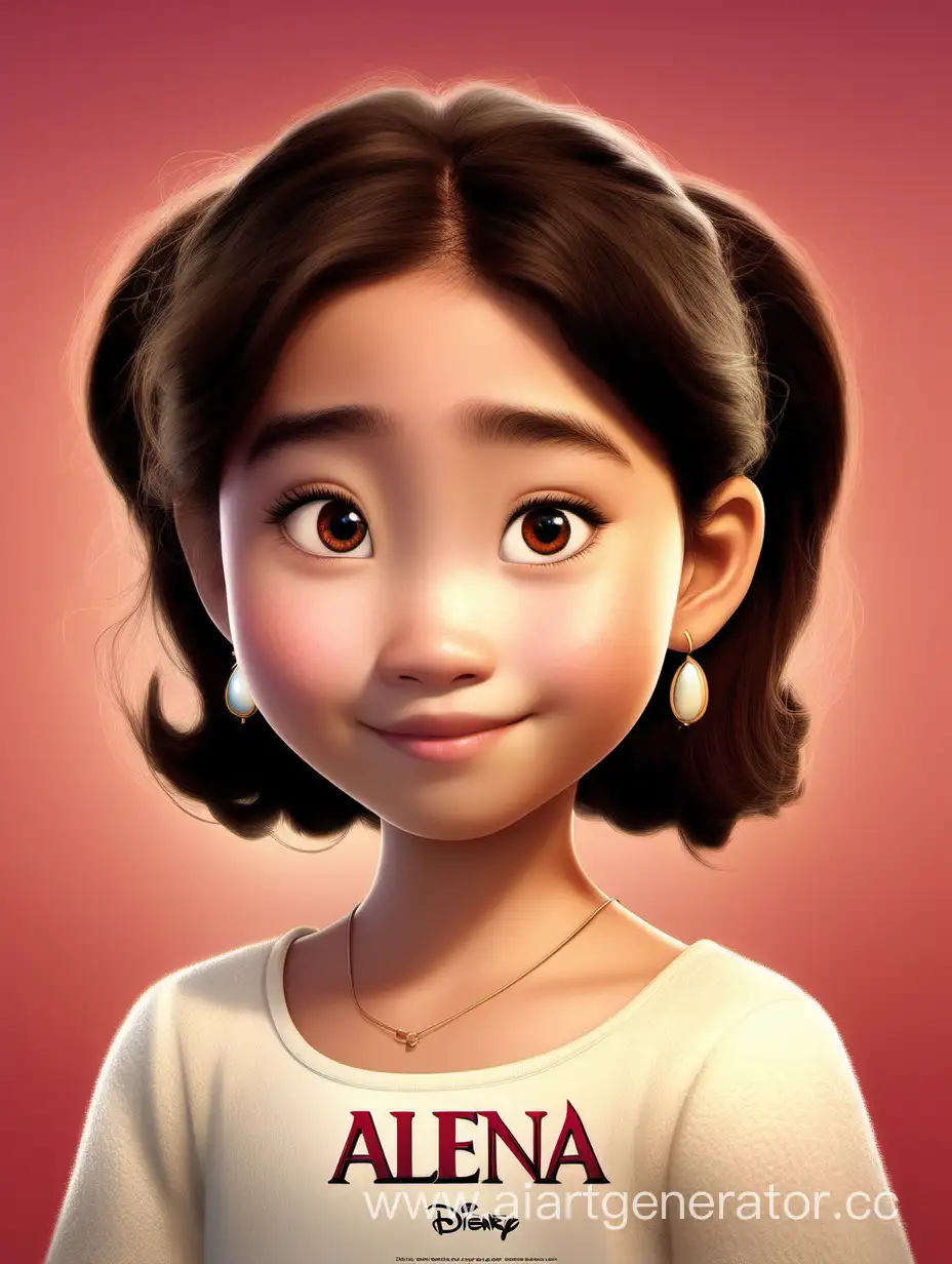 постер Дисней пиксар девочка азиатка с каричневыми волосами, карими глазами, бледной кожей,  с маленькими сережками и именем Алена