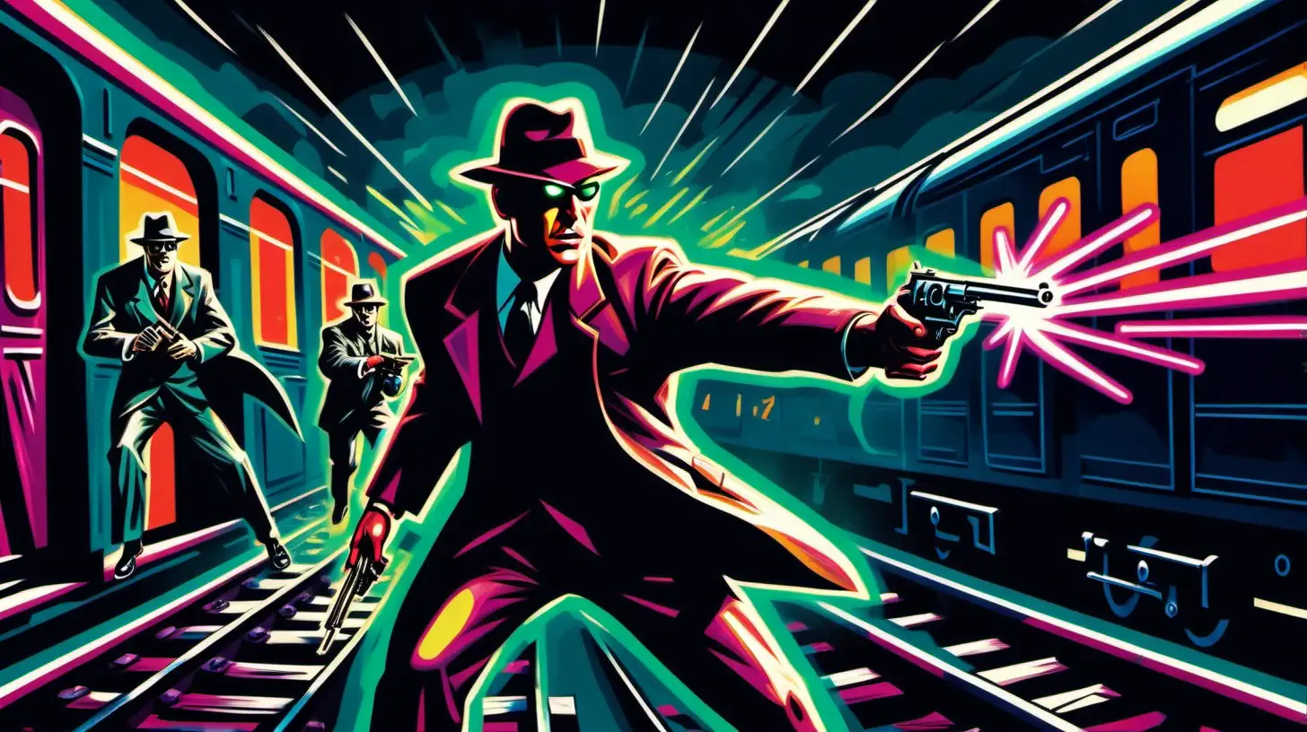 Image of an international spy chasing a villain pointing a revolver, circa 1940, running next to a train, neon, Neo-Expressionism Art style.