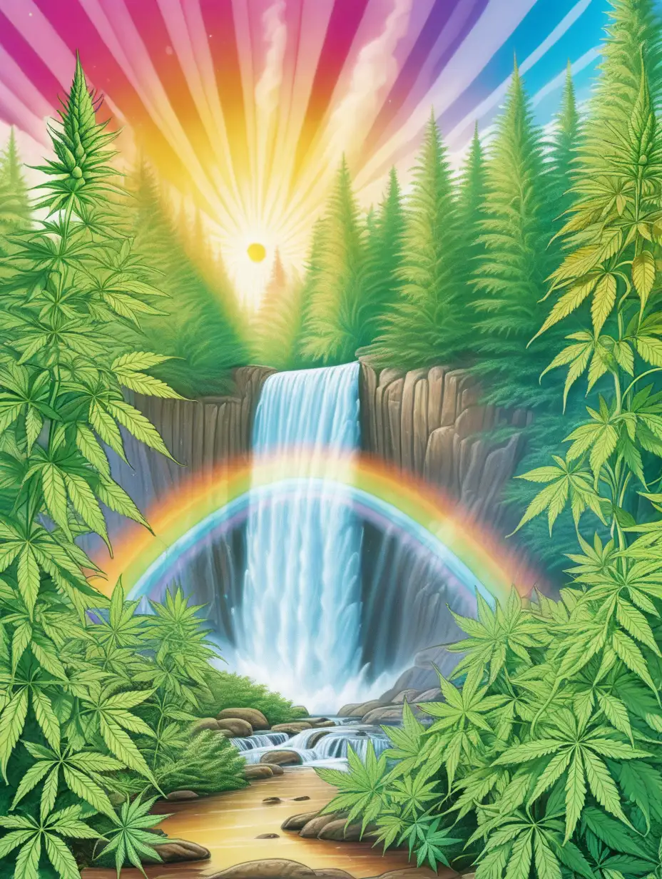 Give me a field of cannabis with the forest in the background with a waterfall, rainbow and bright sunshine, cartoon theme





 