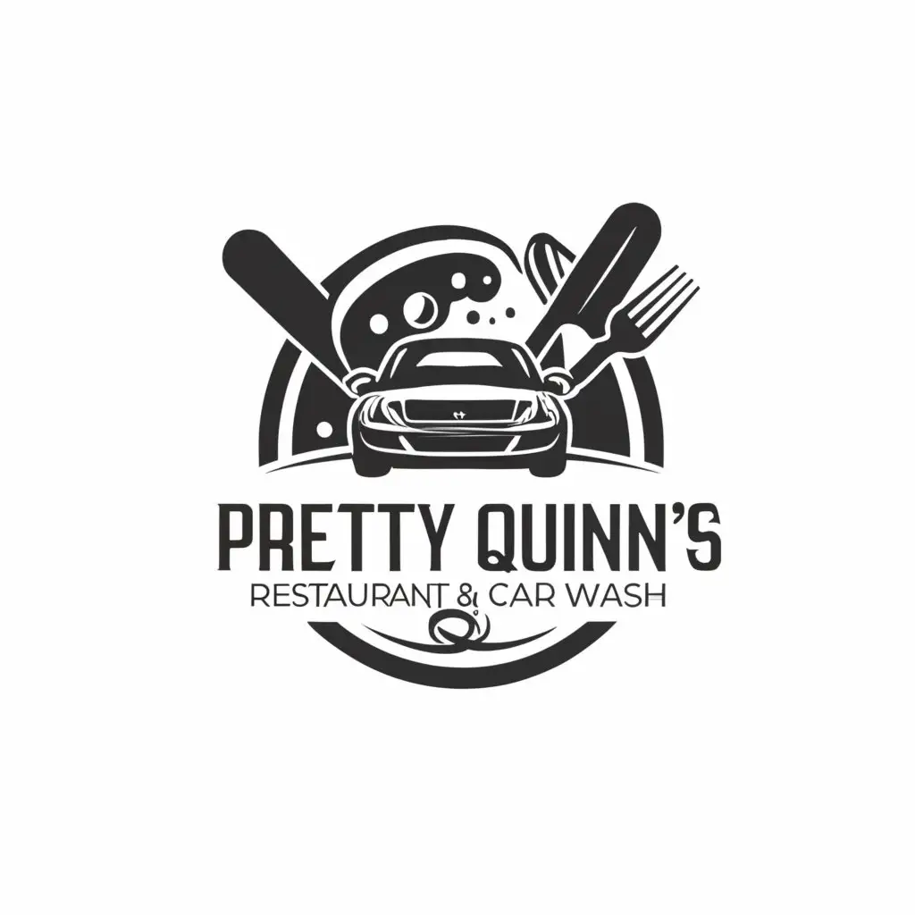 a logo design,with the text 'Pretty Quinn's Restaurant & Car Wash', main symbol:Restaurant and Car Wash,complex,black background