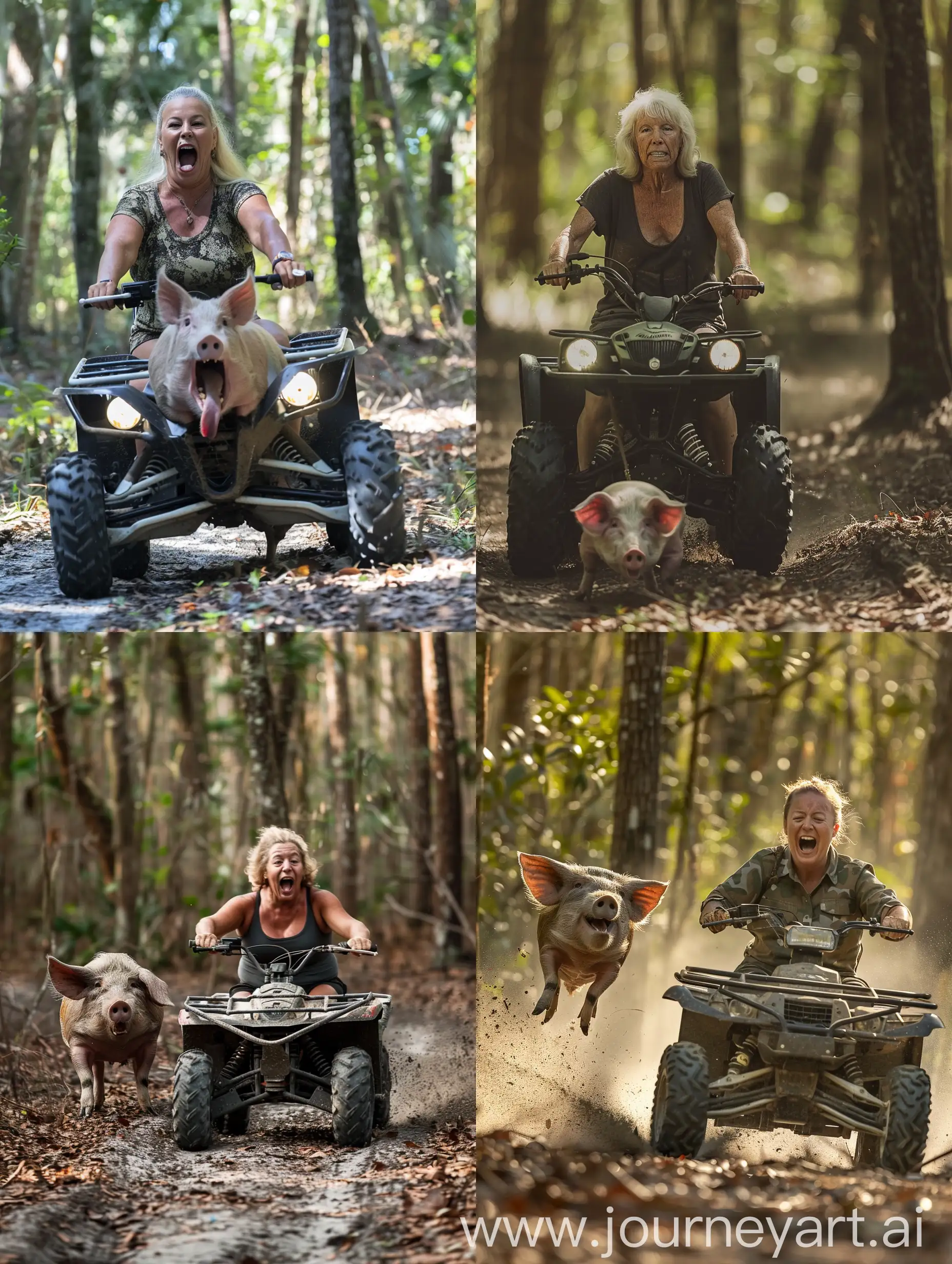Florida 60 year old white female average build with smooth skin and a small mouth riding a 4 wheeler ATV in the woods of Florida chasing a hog.
