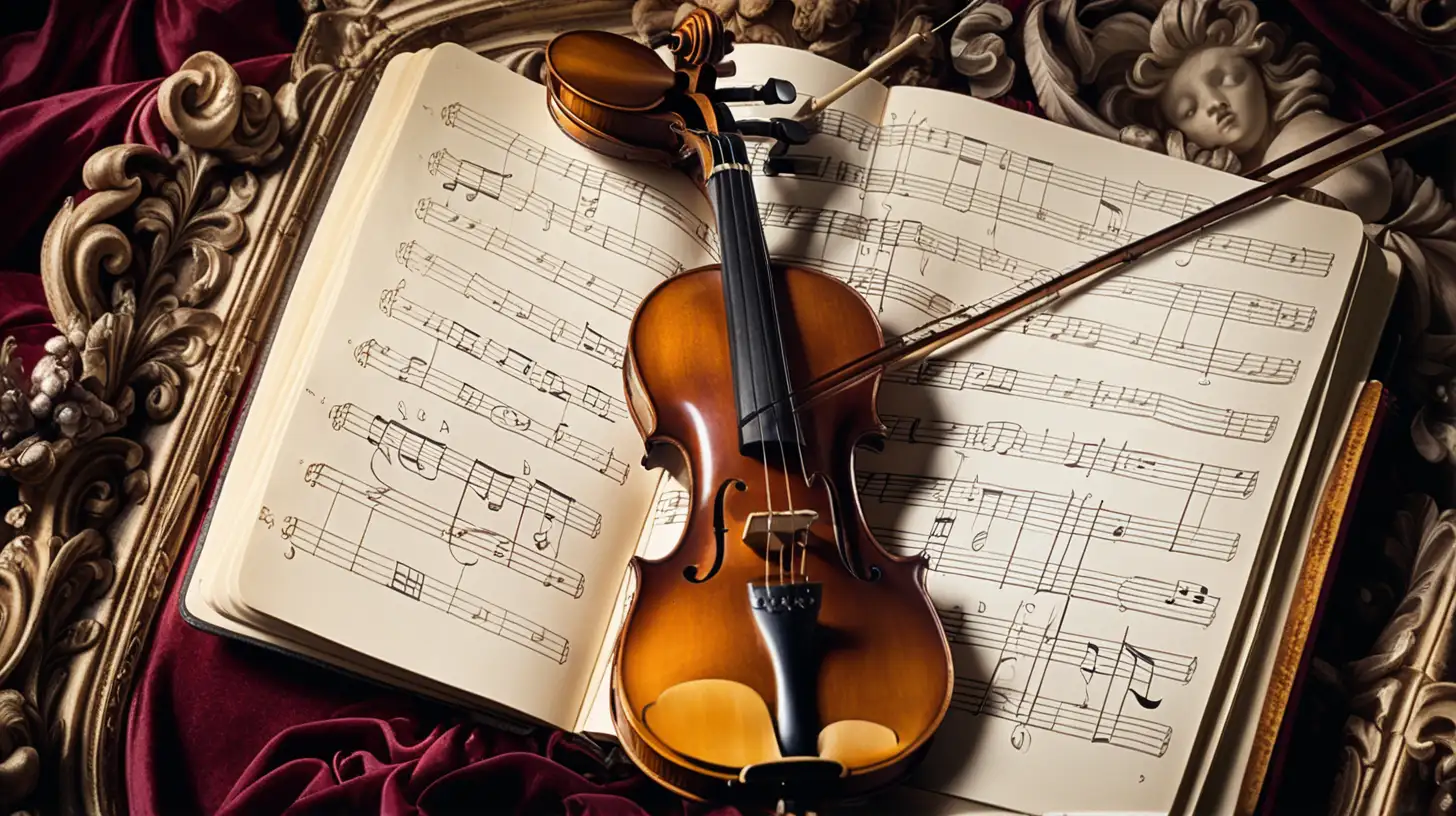Рояль, нотная тетрадь, скрипка лежит на нотной тетради, на фоне стиля барокко 