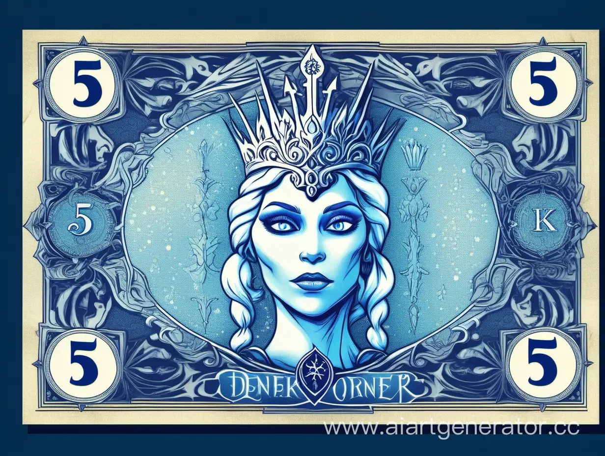купюра в стиле снежной королевы для ролевой игры номиналом 5 крон синего цвета