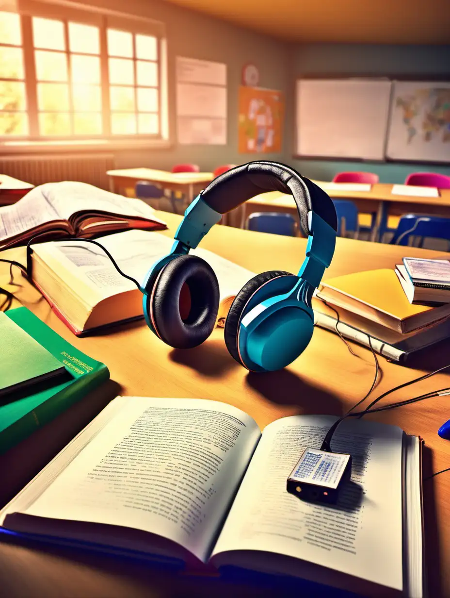 Foreground: A pair of high-quality, stylish headphones rest on an open textbook. The textbook features vibrant, colorful illustrations related to a scientific or historical topic, 
Background: Blurred in the background, there’s a modern, bright classroom setting. The classroom includes elements like a digital whiteboard, a laptop or tablet, and students engaged with learning materials.
Lighting and Mood: The image has warm, inviting lighting that creates a positive, engaging mood. The focus on the headphones and the textbook in the foreground suggests a shift from traditional learning methods to more interactive, audio-visual methods.
Additional Elements: Optionally, there could be a small group of students in the background wearing headphones, engaged in learning, showing the practical application of educational voiceovers.