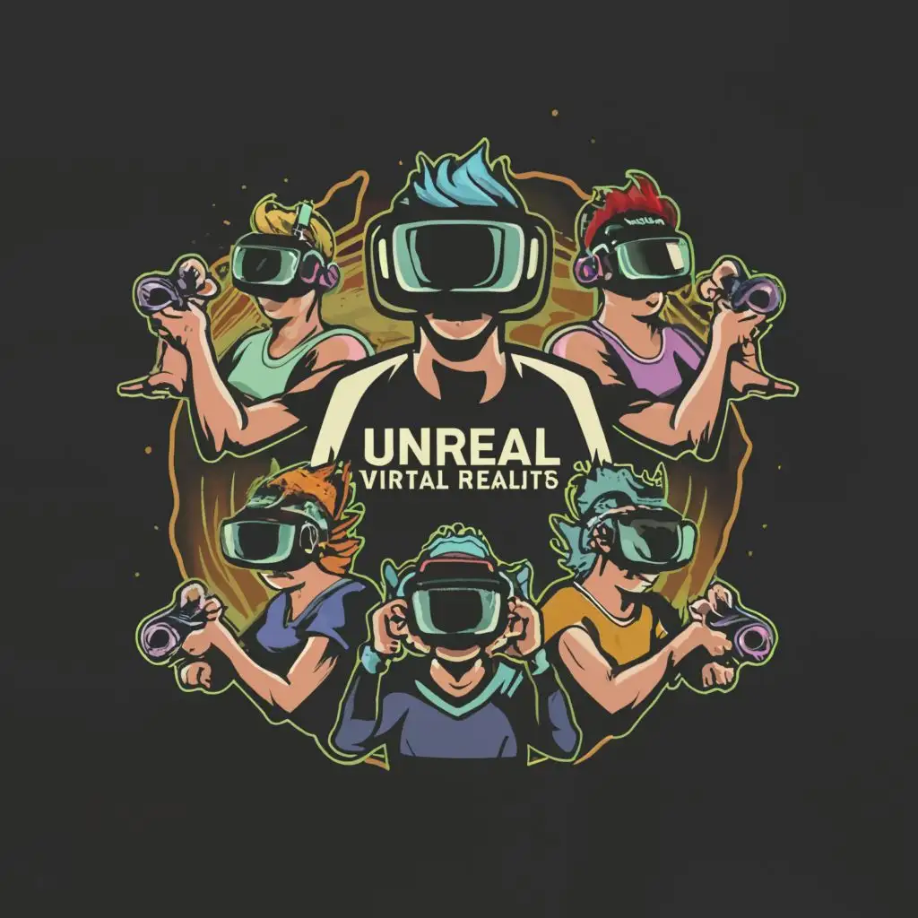 logo, The logo features six members of a group, each wearing a VR and doing poses with  Joystick. The VR have the words "Unreal Virtual Realities" written on them. uniquely for each member . The overall design should convey a sense of unity, teamwork, and excitement for gaming. make it simple and unique., with the text "Unreal Virtual Realities", typography, be used in Entertainment industry