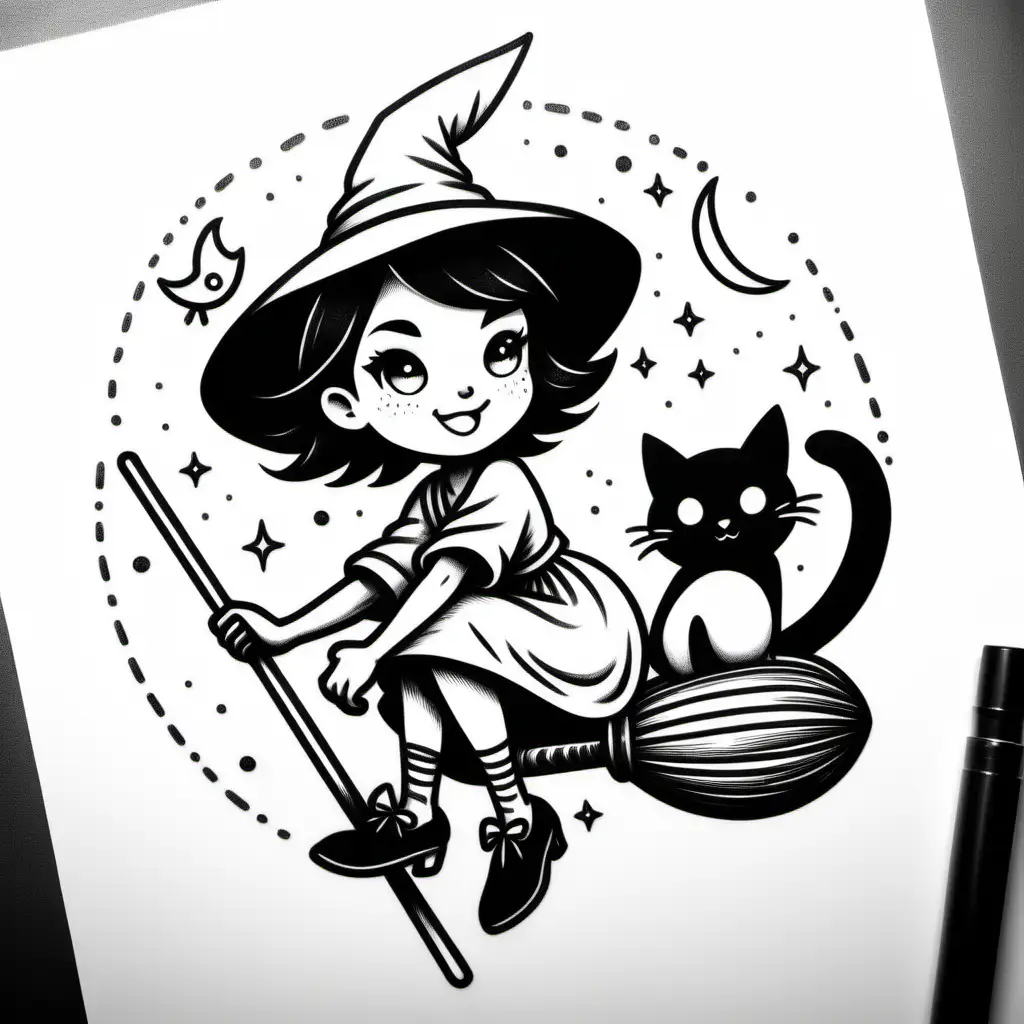 create a little witch kiki from the movie kiki services, she sits on the broomstick flying next to her black cat, she is happy, blackwork, black line, tattoo style, simple lines, 2d