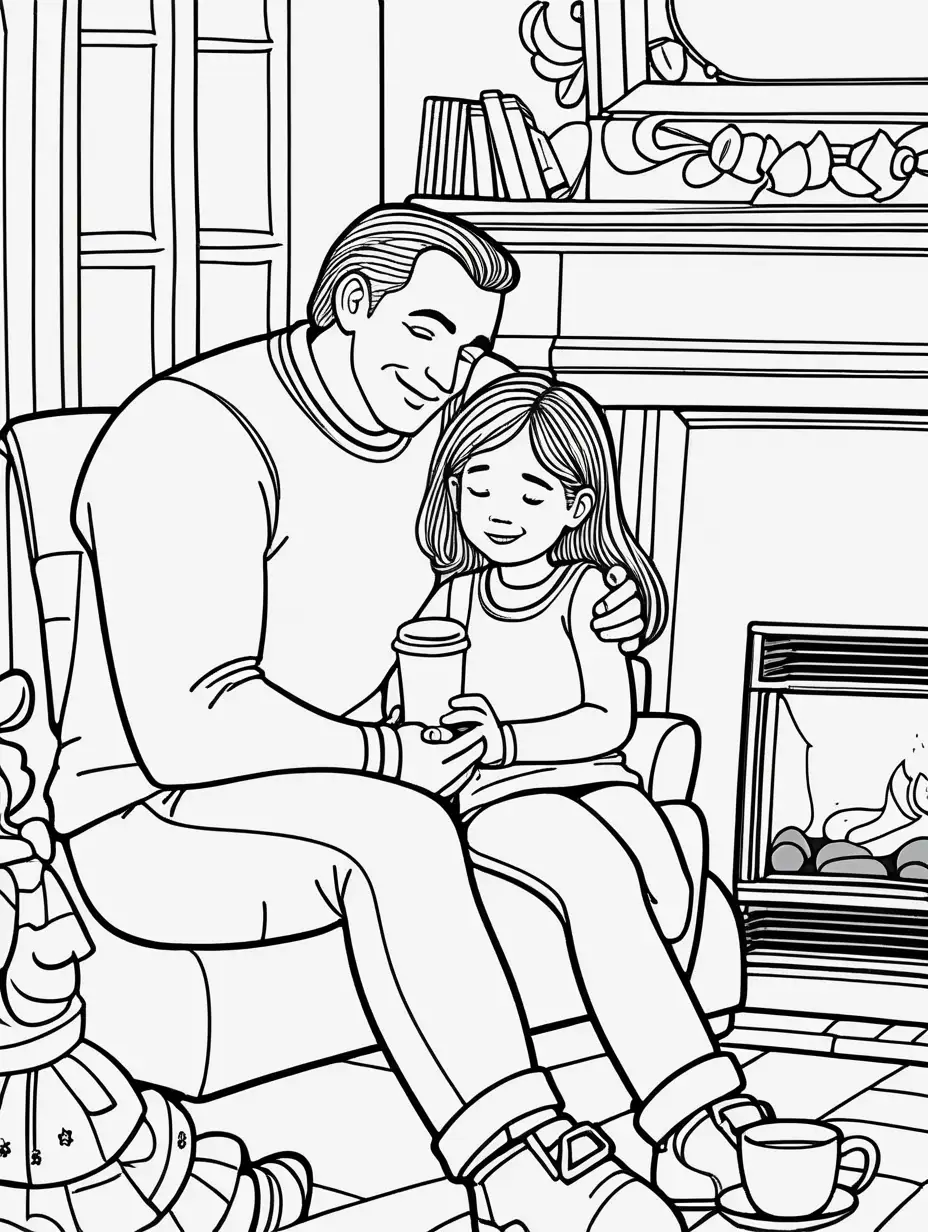 Cute, fairytale, whimsical, cartoon, younger Daddy and daughter snuggling by the fireplace with hot cocoa, extremely simple, black and white, coloring pages for kids cartoon style, thick lines, low detail--no shading --ar 9:11--v5