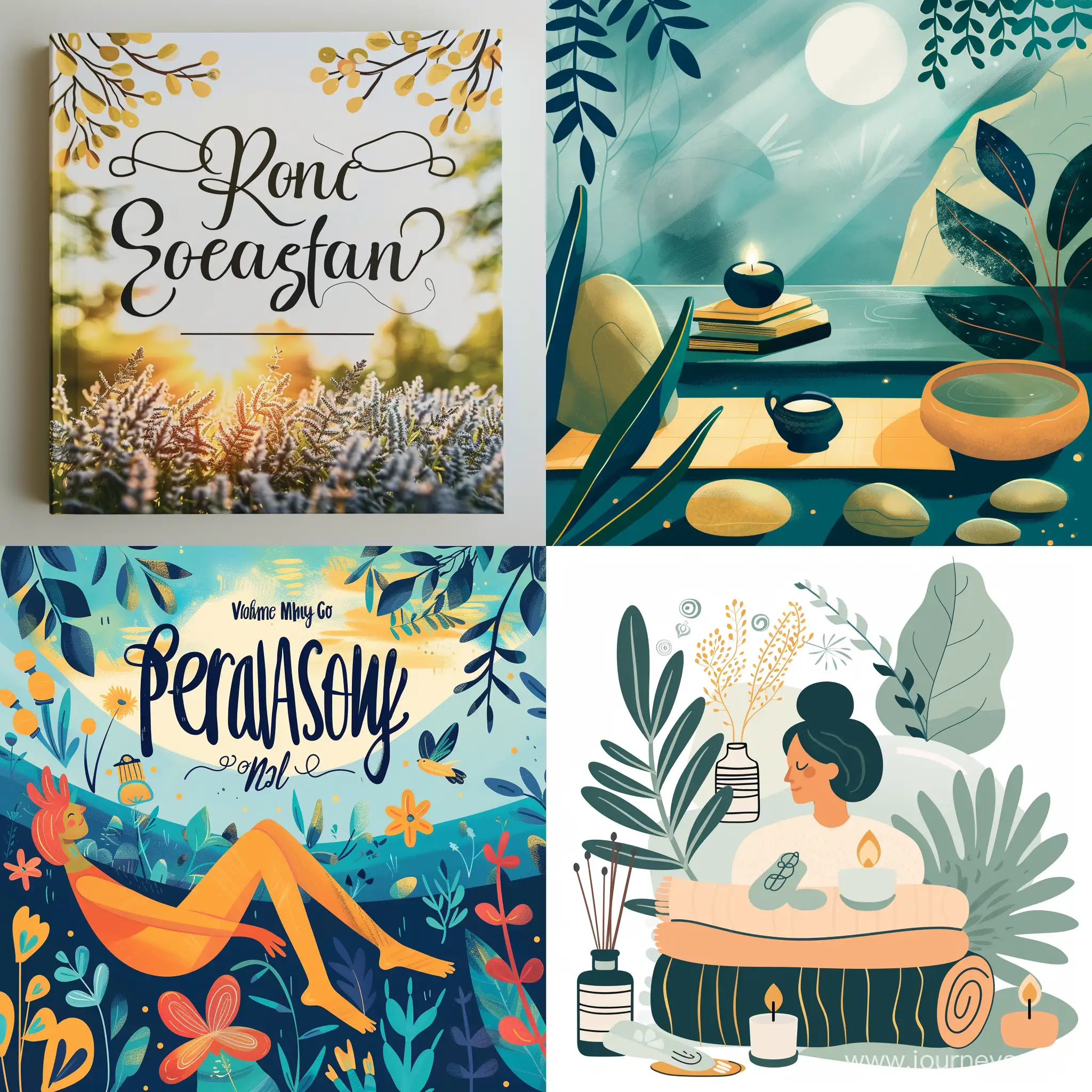 You are a book cover designer tasked with creating a cover for a book with a relaxation theme. The cover should visually convey a sense of tranquility, peace, and relaxation to potential readers. Consider incorporating calming colors, nature elements, or symbols associated with relaxation.