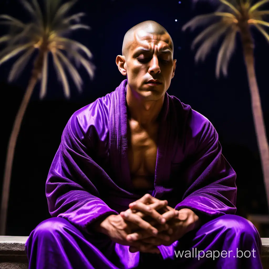 Dark brown American buzz cut monk with muscles in purple robe sitting with palms together with him looking down at night