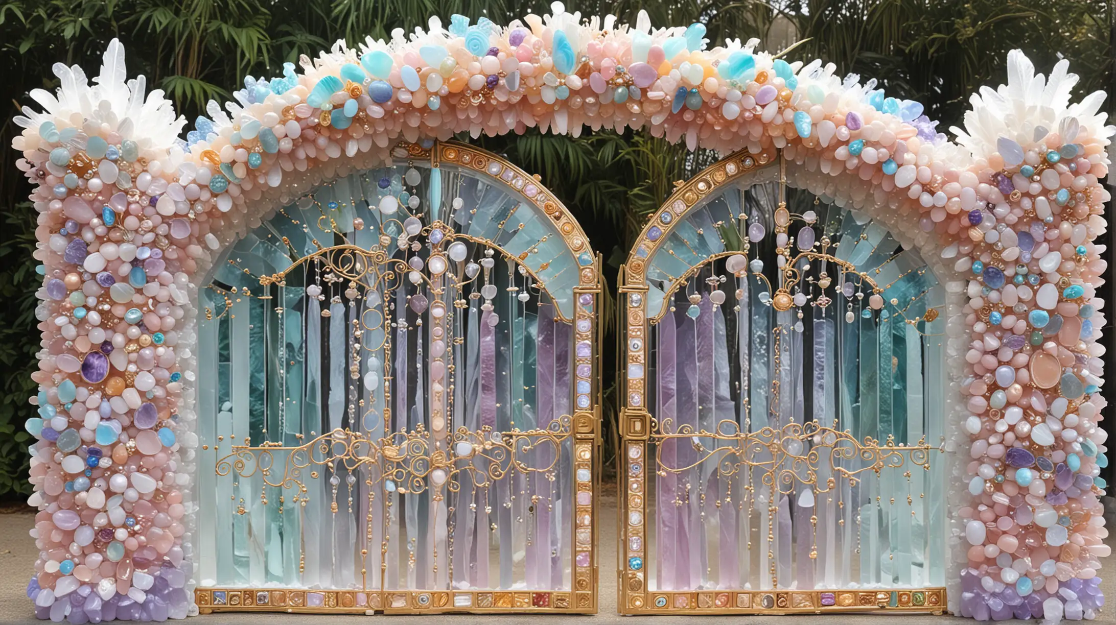 pastel rainbow heavenly magical grand gate with two doors made of agate, selenite, opal, moonstone, crystal