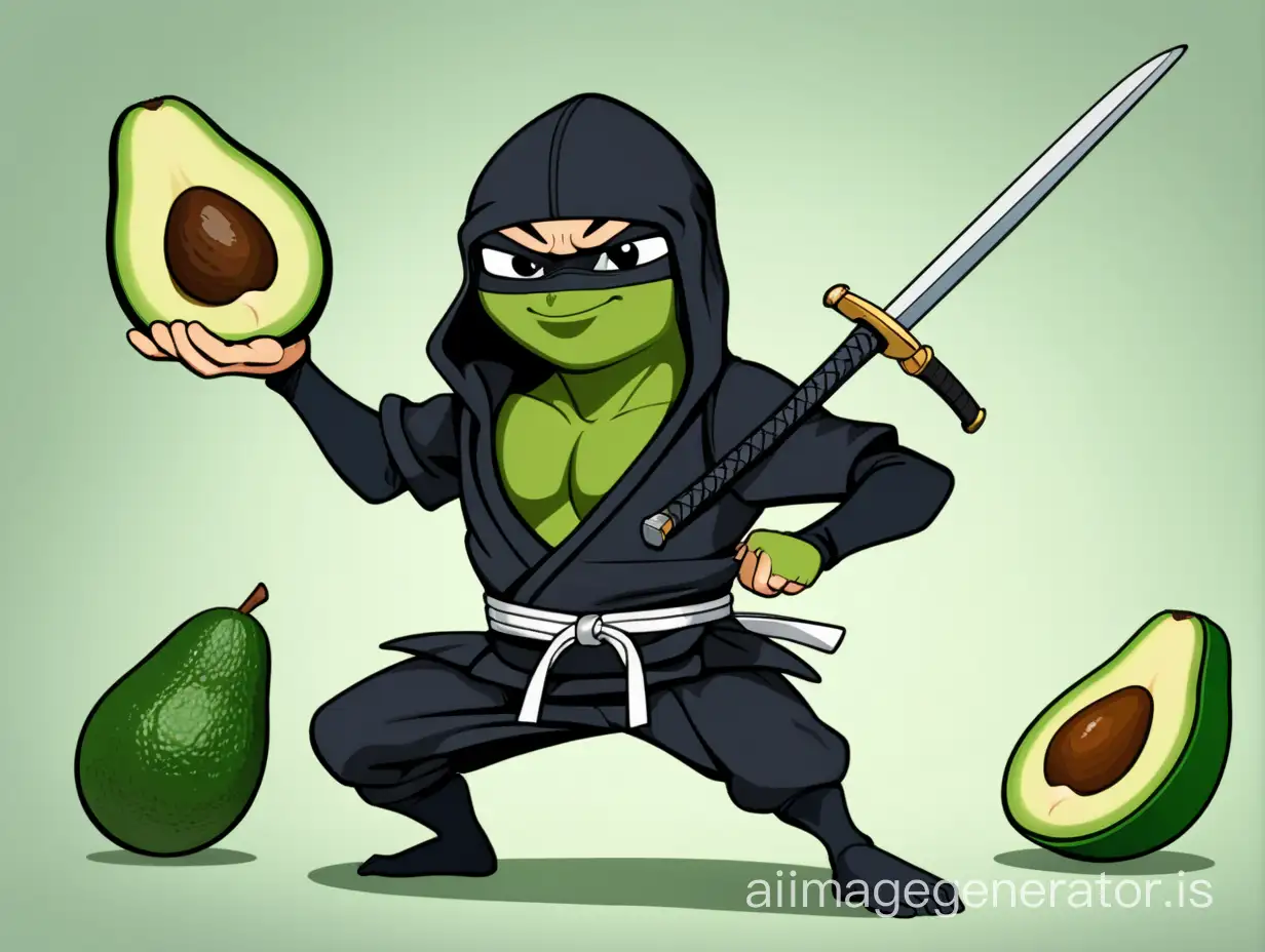 нинзя с 2 мечами в руках сражается с авокадо