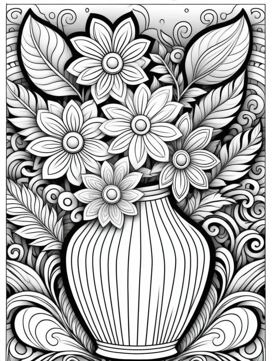 vase, coloring book page, cartoon style floral doodle background, black and white, no shading, bold black lines, crisp edges, full page, color by number