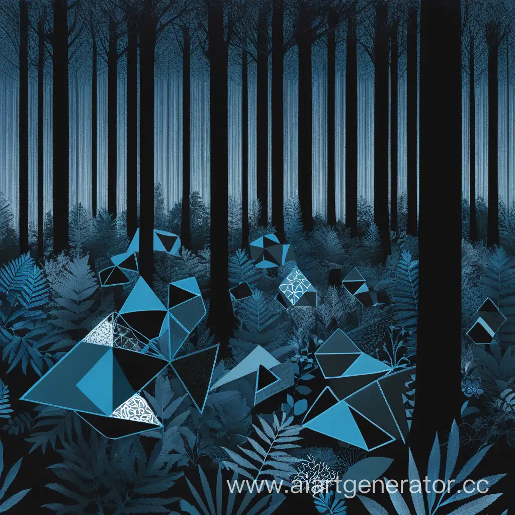 Фон в черно синих тонах, из непонятных геометрических фигур в лесу
