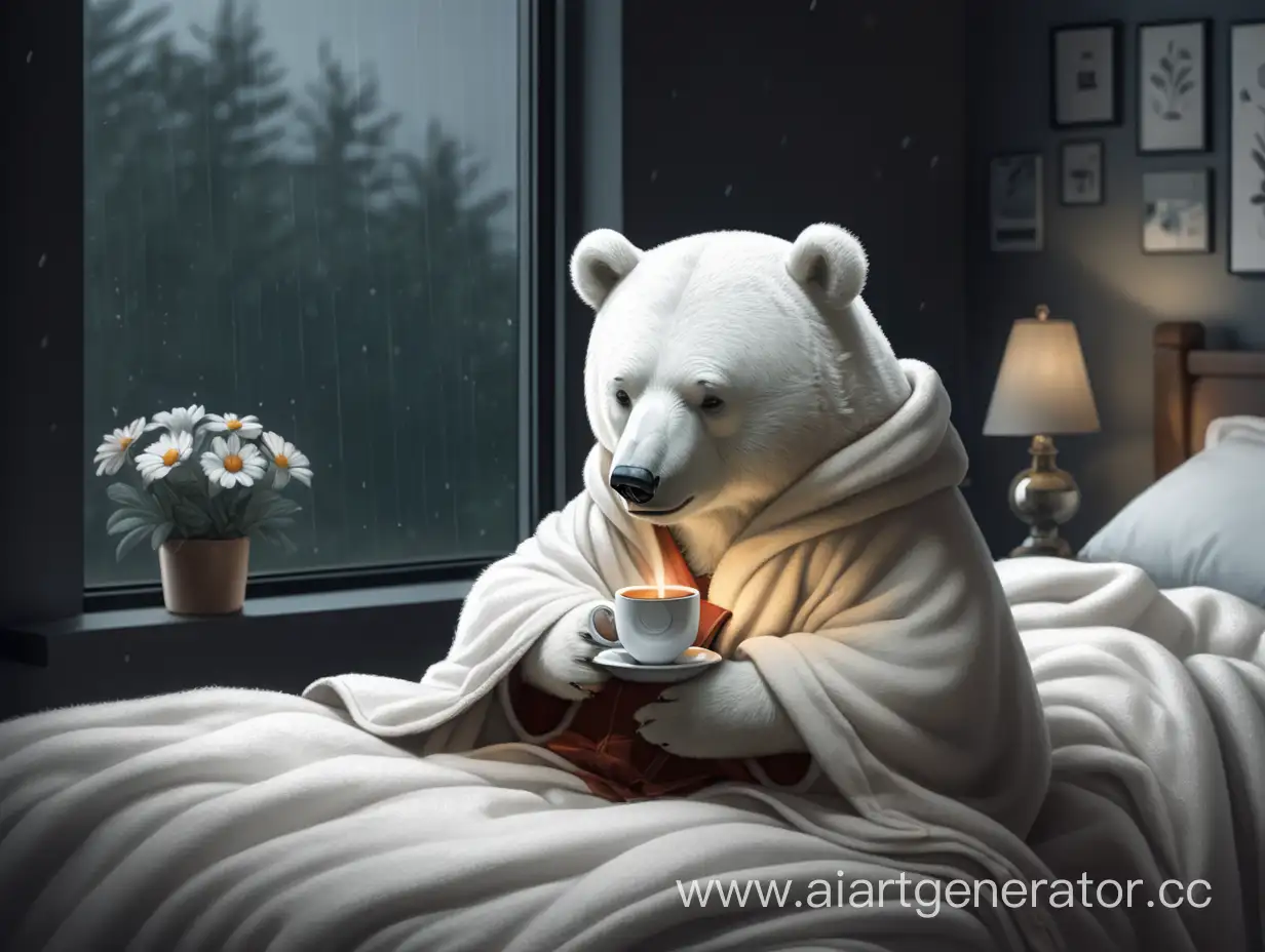 Милый и спокойный белый медведь с пледом и горячим чаем сидит на кровати и  задумчиво смотрит в окно. На улице темно и дождливо. Вокруг милые цветочки мудрости. Картинка милая и уютная, но грустная и немного депрессивная в минималистическом стиле.