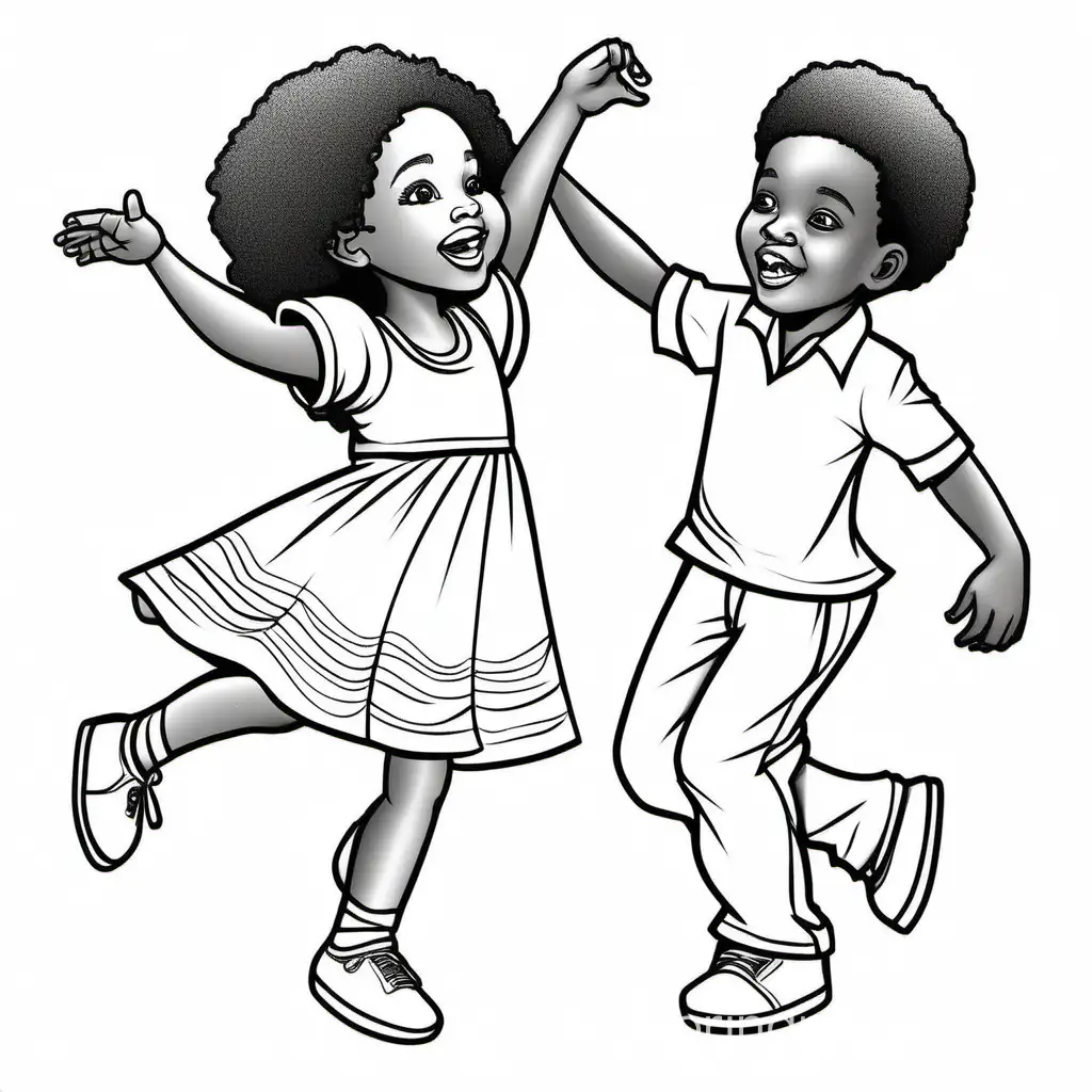 African American 1  boy and 1 girl Dancing, Coloring Page, black and white, line art, white background, Simplicity, Ample White Space. The background of the coloring page is plain white to make it easy for young children to color within the lines. The outlines of all the subjects are easy to distinguish, making it simple for kids to color without too much difficulty