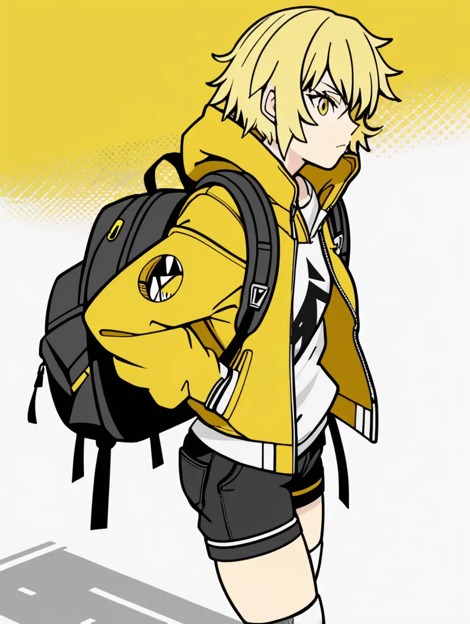 ryuko matoi short yellow hair with black highlights yellow jacket short butt outline yellow shorts black boots posterized halftone yellow black white 3 color minimal design with backpack looking over the shoulder shot