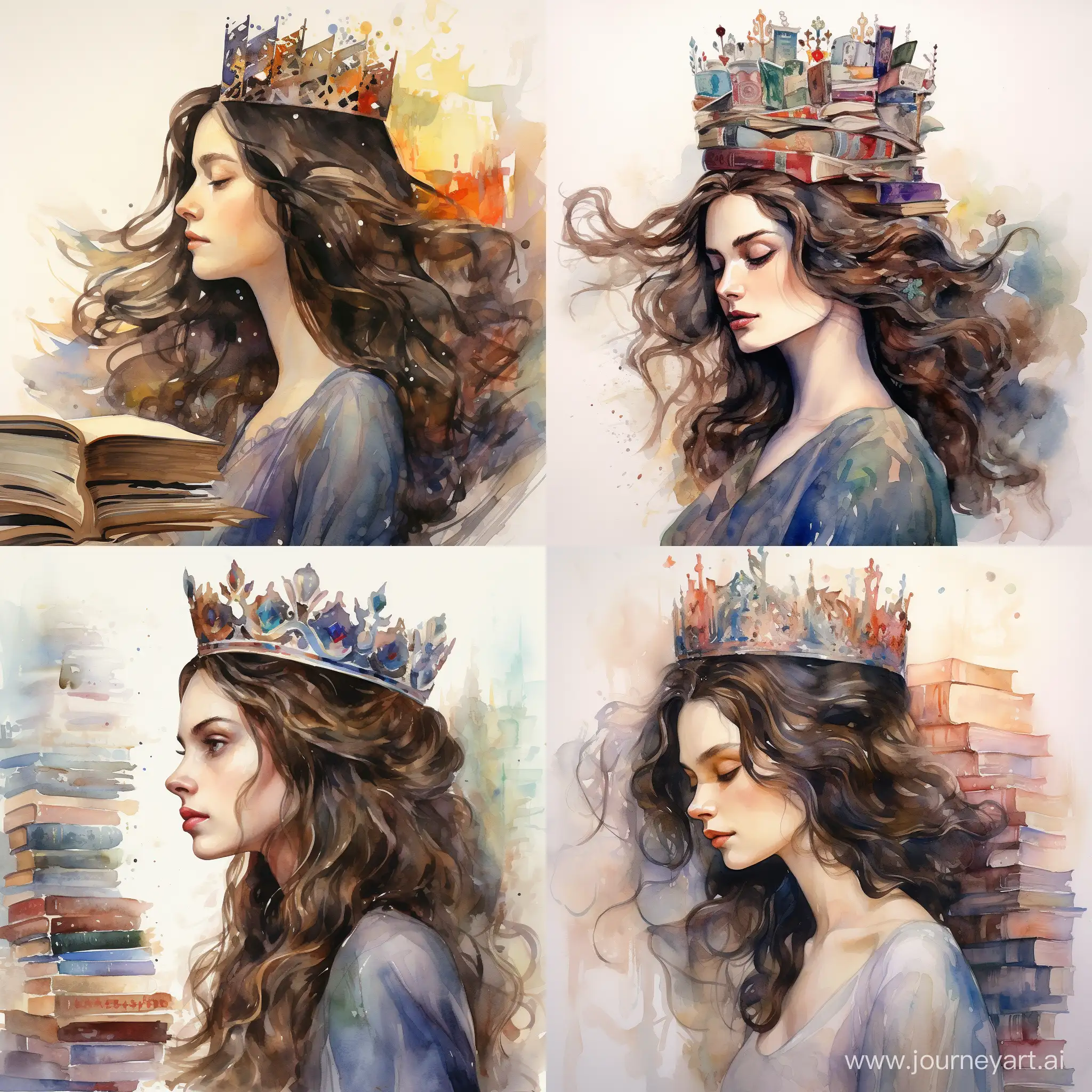 Portrait of Evgenia Ginzburg, in profile, head raised, looking forward, with a crown on her head, full, dark wavy hair, middle-aged, against the background of characters from books, on a white background, caricature, watercolor, in detail, impressionism style, Victor Ngai