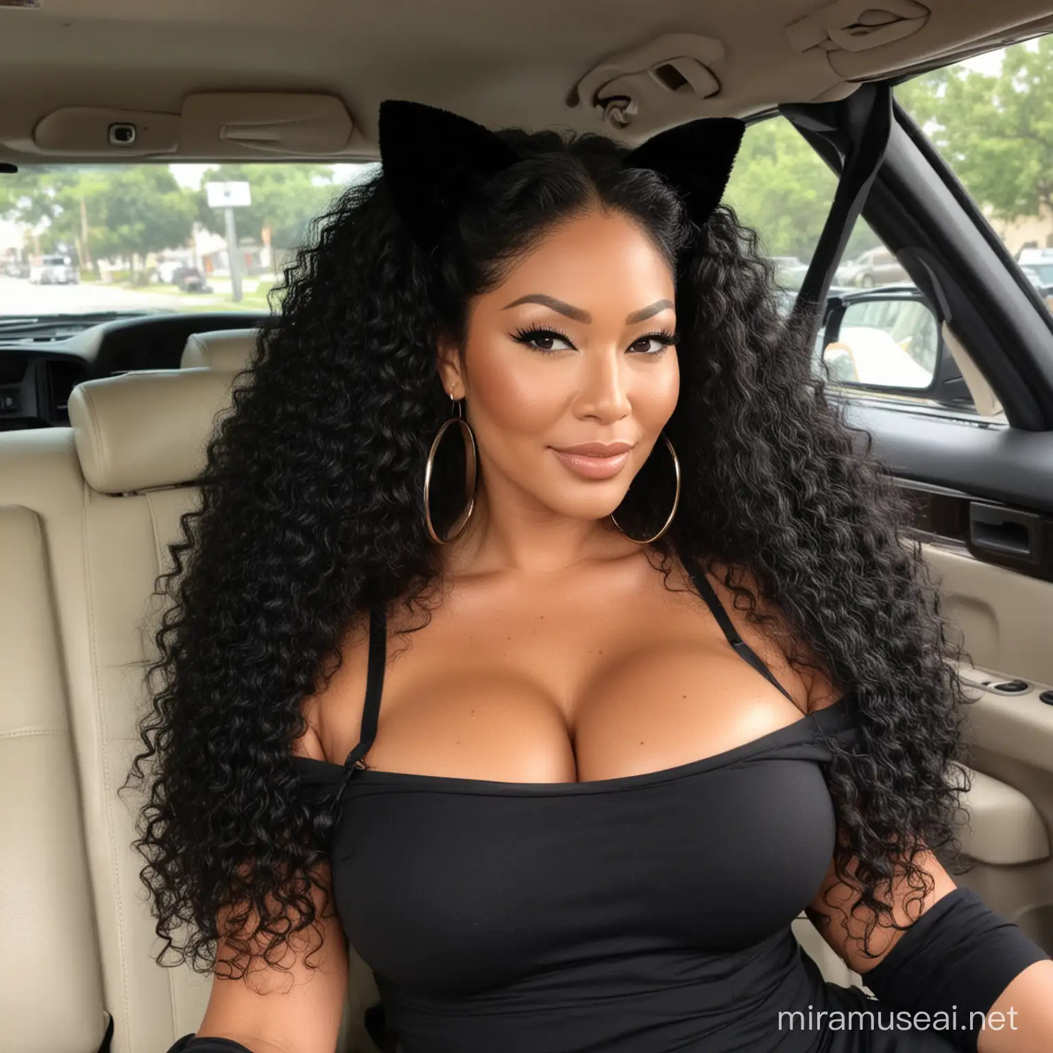 Kimora Lee Simmons, wearing black cat ears, in the back seat of a car, wearing large hoop earrings, kinky hair, bbw, giant breasts, massive cleavage