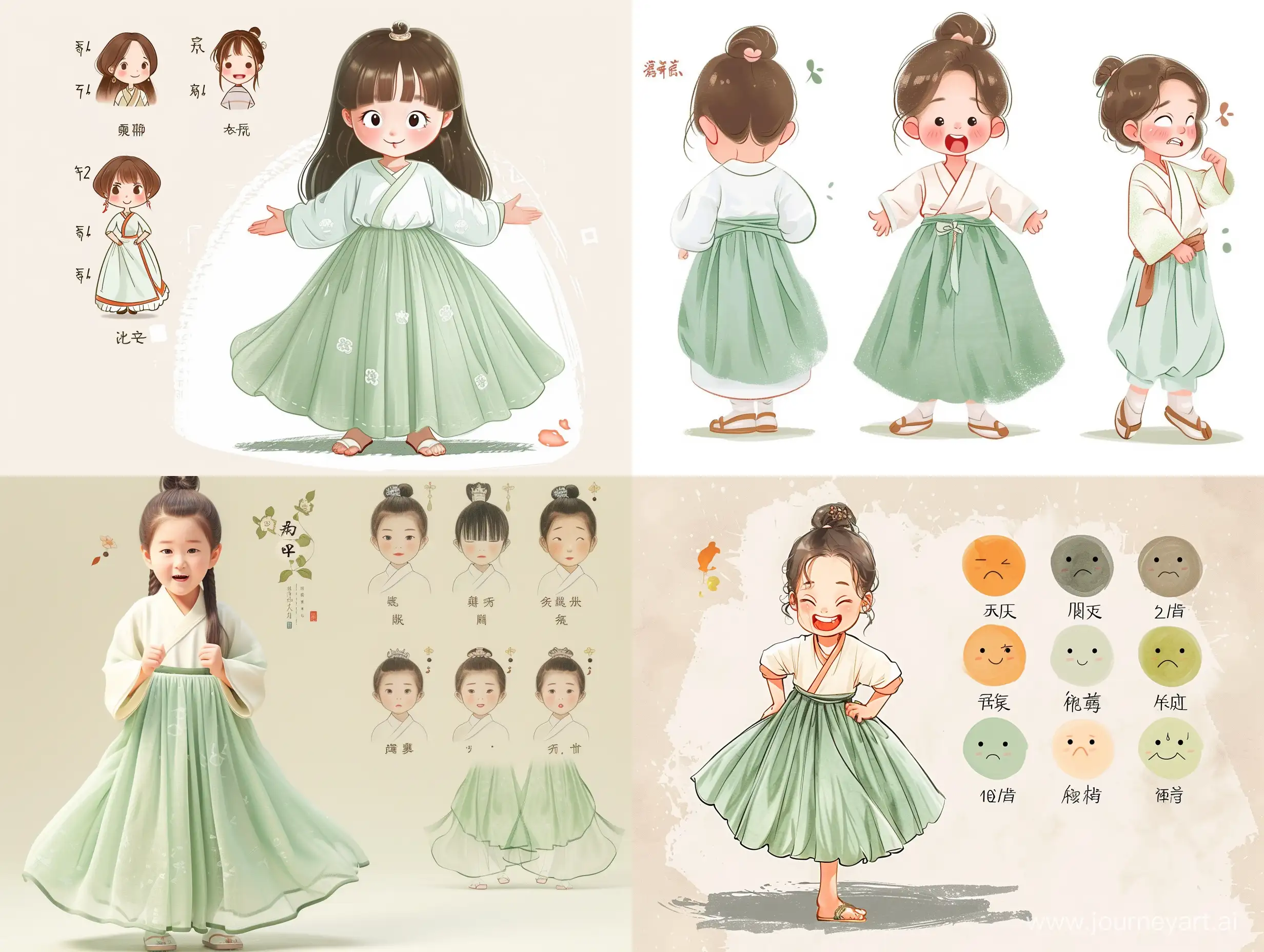  The little girl wearing a light green gauze skirt is a summer costume from the Tang Dynasty in China . She has a s1述）,( animated character design , Chinese painting , cute , modest charm , classical style ,古风关键词）( expression bag ,9 emoticons , happy , smile , sad , serious , expression Symbol table , various postures and expressions , different emotions , various po ）-- ar 3:4-- niji 5-- stylize high -- style default