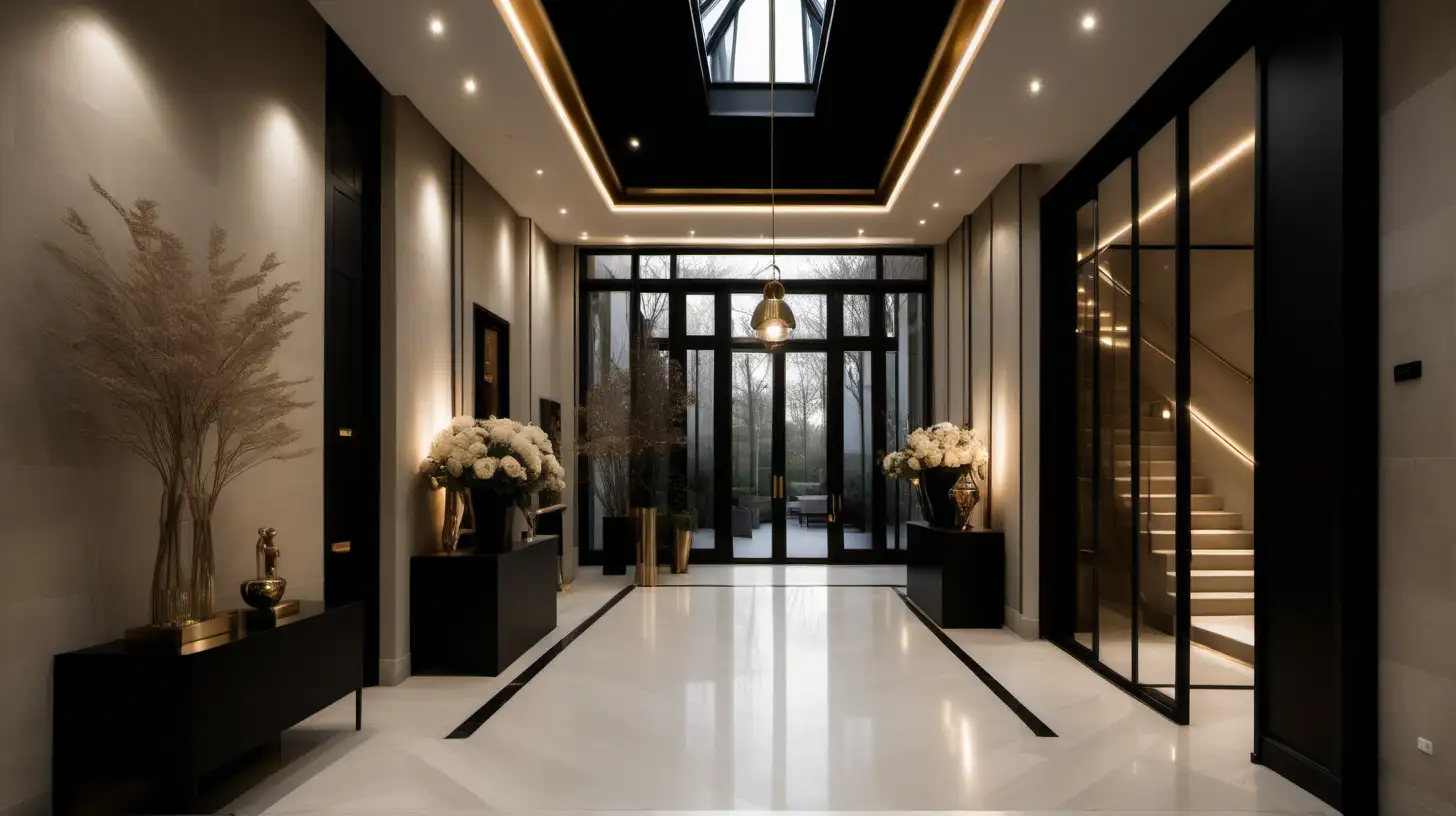 Modern Parisian estate home atrium; beige, oak, brass, black colour palette;  mood lighting;
